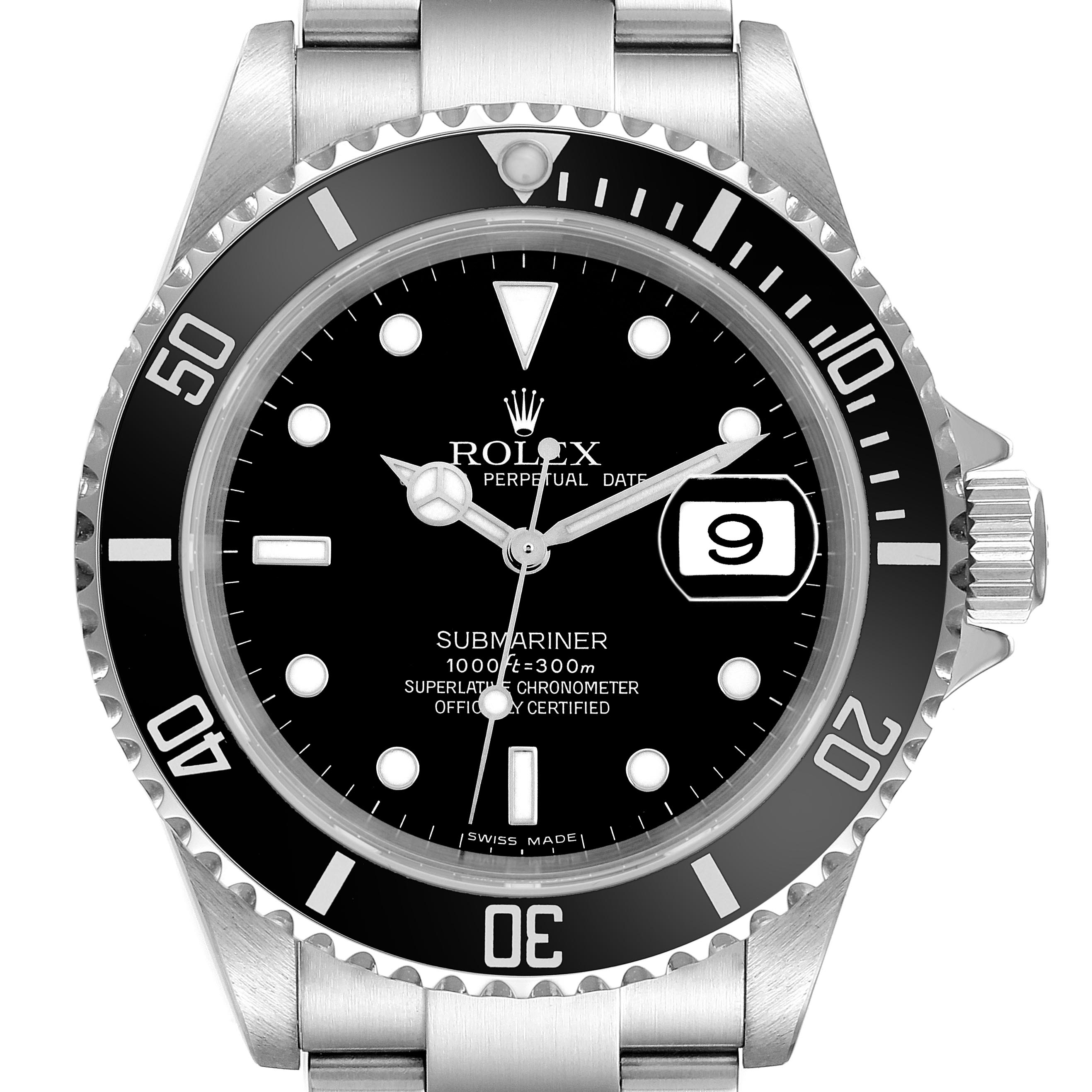 The Rolex Submariner 16610 T Men's Stainless Steel Black Dial 16610 T Men's Stainless Steel Black Dial watch is shown from the front, displaying the dial, bezel, and part of the bracelet.