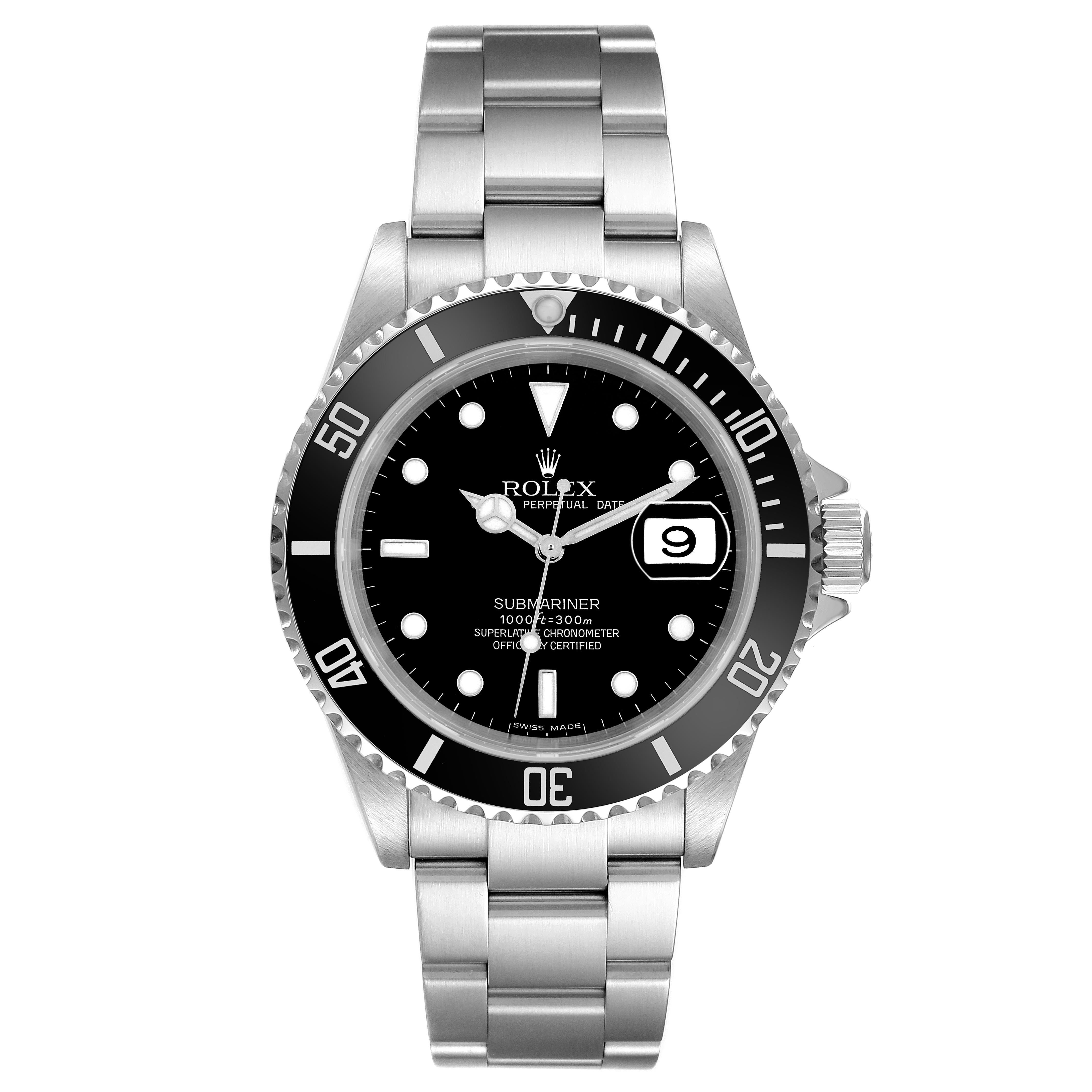 The Rolex Submariner 16610 T Men's Stainless Steel Black Dial 16610 T Men's Stainless Steel Black Dial watch is shown from a front view, displaying the dial, bezel, and bracelet.