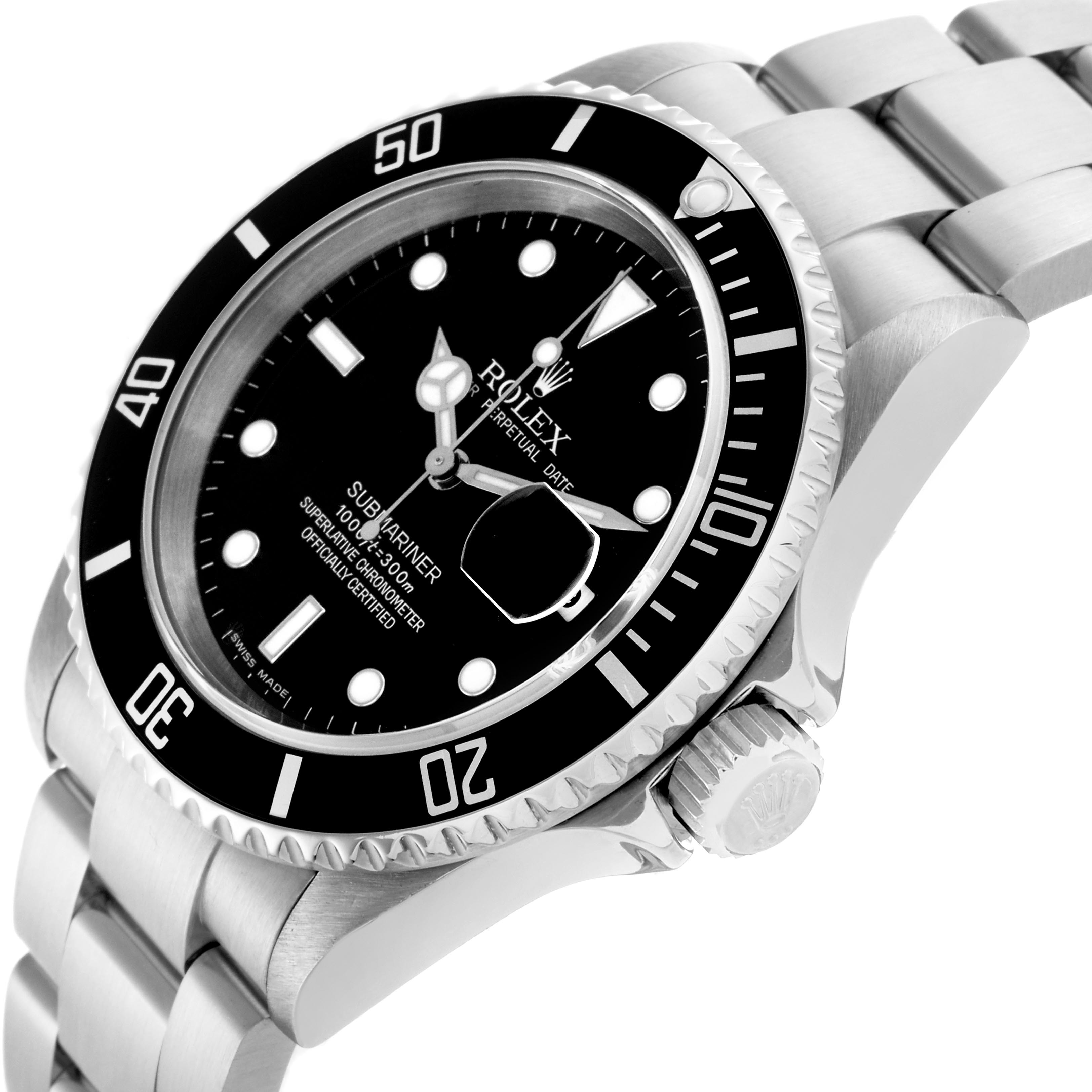 The Rolex Submariner 16610 T Men's Stainless Steel Black Dial 16610 T Men's Stainless Steel Black Dial watch is shown at an angled view highlighting the bezel, dial, and bracelet.