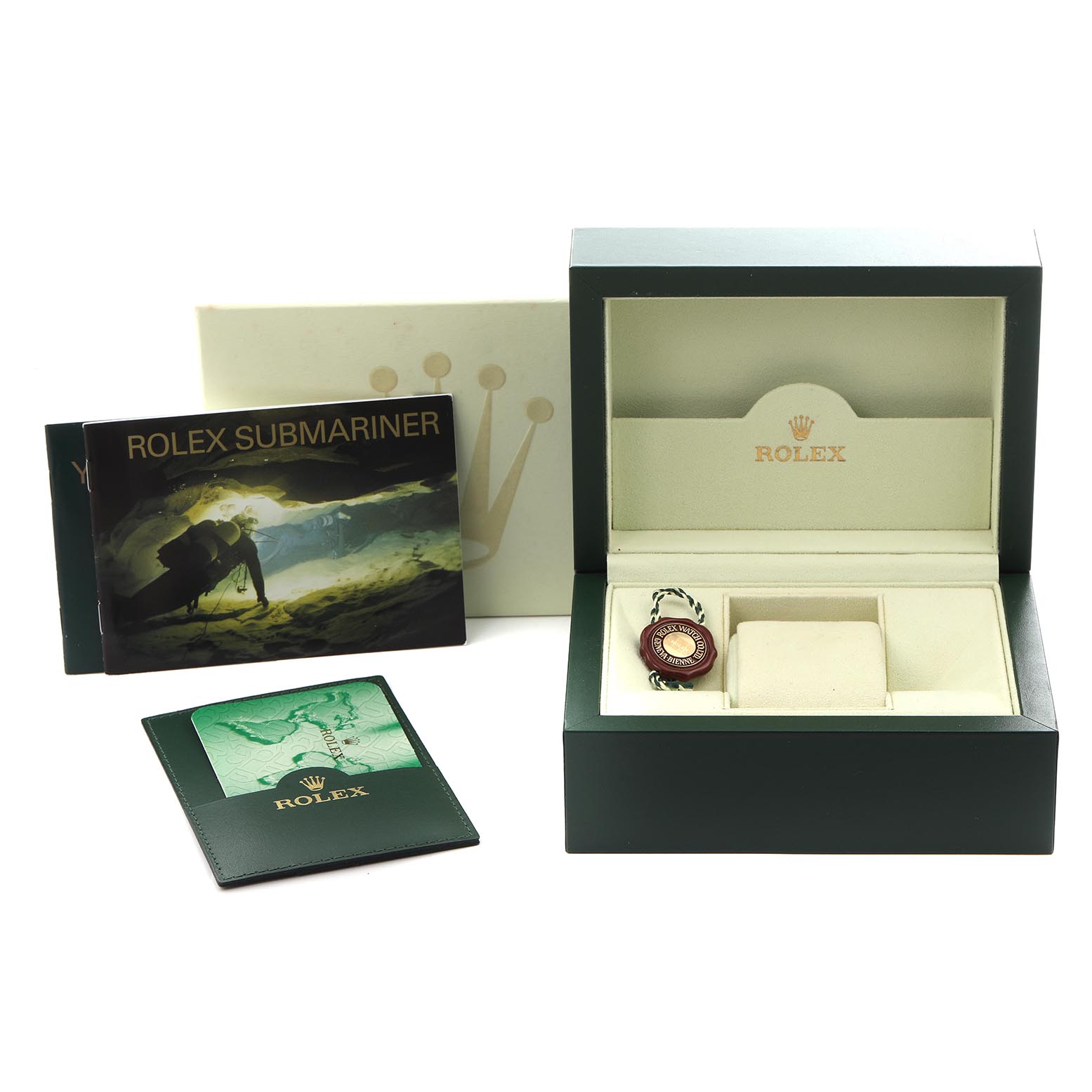 The image shows a Rolex Submariner 16610 T Men's Stainless Steel Black Dial 16610 T Men's Stainless Steel Black Dial watch box, manual, warranty card, and hang tag from a front angle.