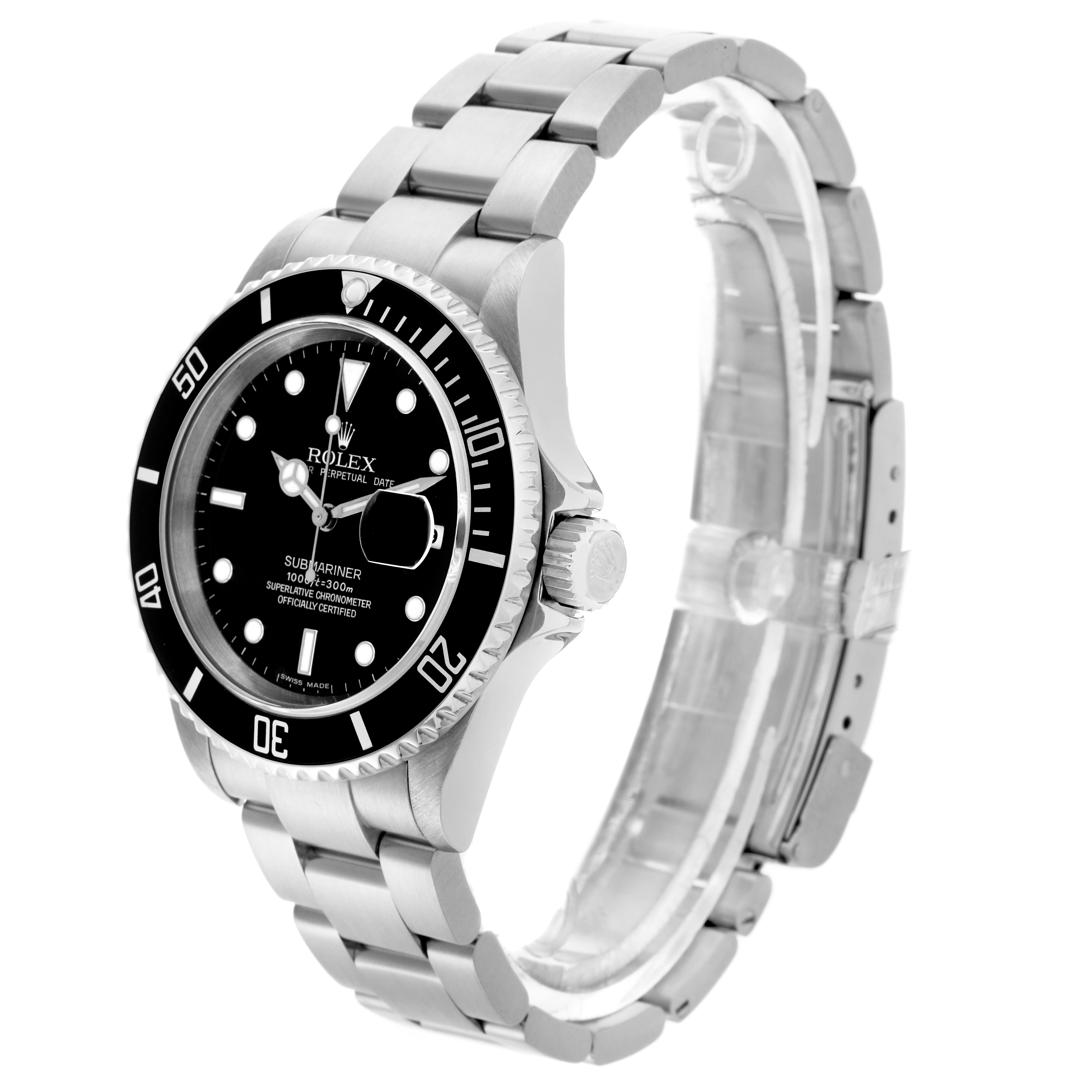 The Rolex Submariner 16610 T Men's Stainless Steel Black Dial 16610 T Men's Stainless Steel Black Dial watch is shown at a three-quarter angle, displaying the face, bezel, crown, and bracelet.