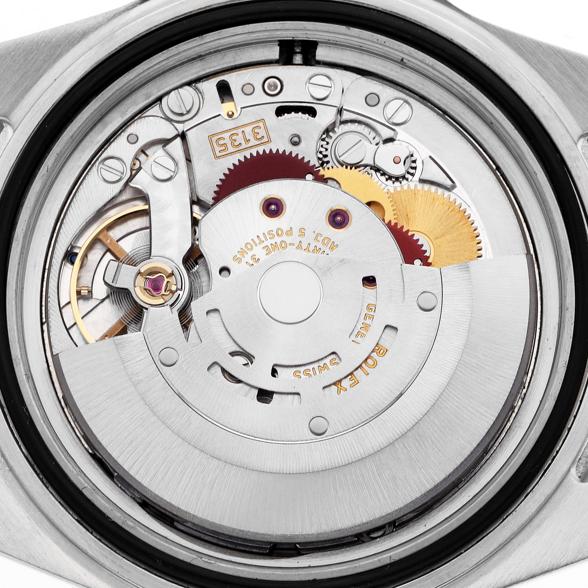 The image shows the back of a Rolex Submariner 16610 T Men's Stainless Steel Black Dial 16610 T Men's Stainless Steel Black Dial, revealing its intricate movement and inner mechanisms.