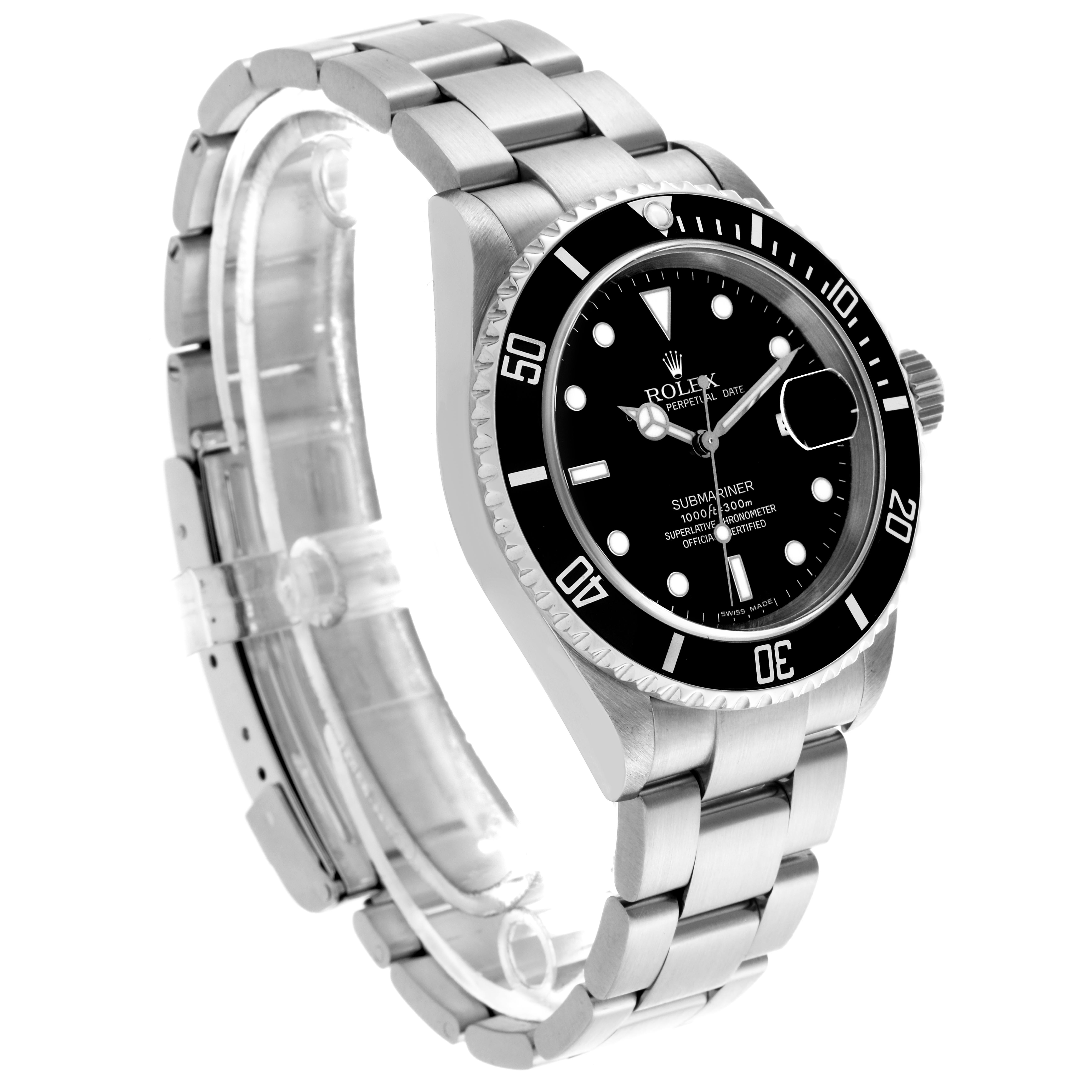 The Rolex Submariner 16610 T Men's Stainless Steel Black Dial 16610 T Men's Stainless Steel Black Dial watch is shown at a slight side angle, highlighting the dial, bezel, and bracelet.