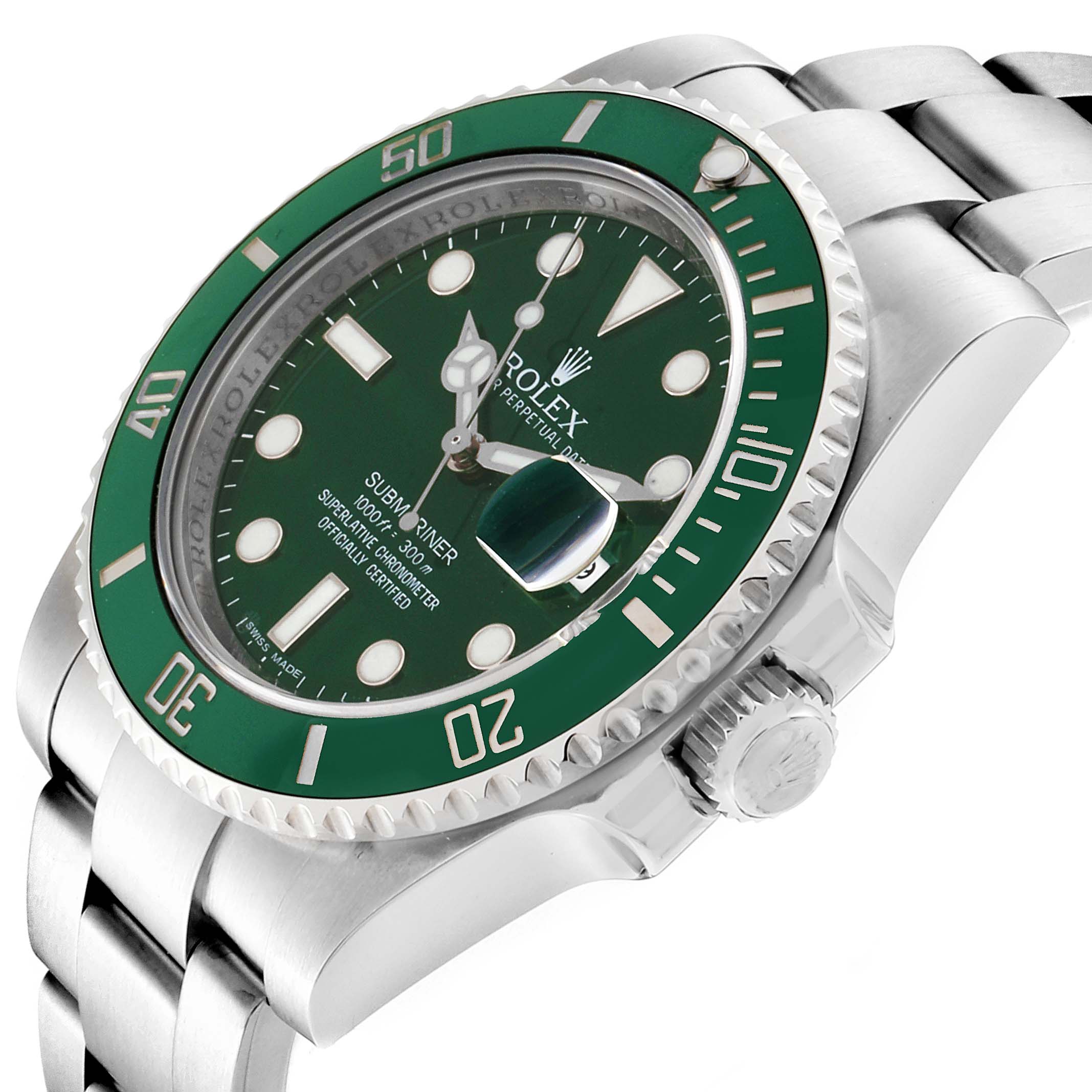 The Rolex Submariner 116610LV Men's Stainless Steel Green Dial 116610LV Men's Stainless Steel Green Dial watch is shown at an angle highlighting its green dial, bezel, and stainless steel bracelet.