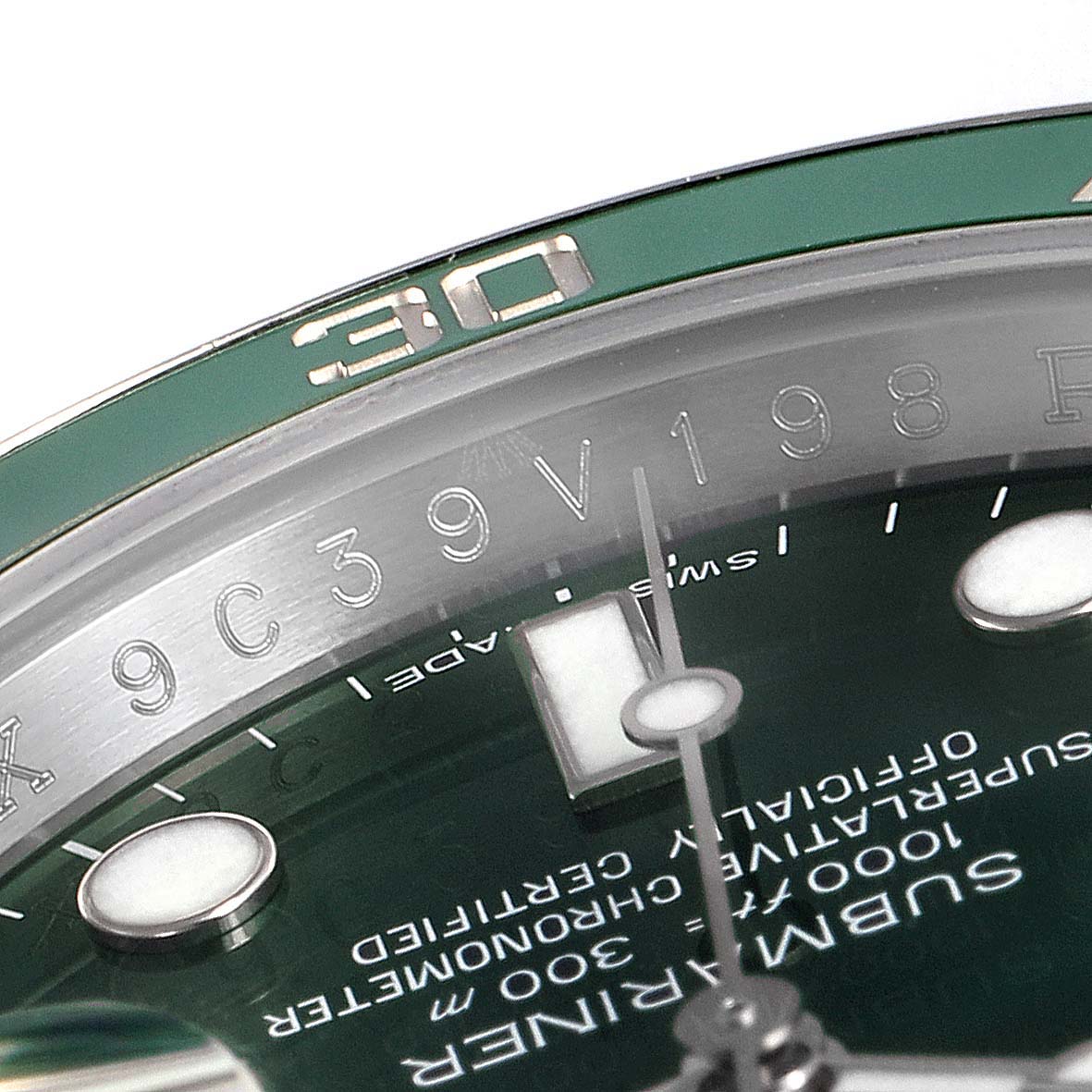 This close-up image shows the dial and bezel of the Rolex Submariner 116610LV Men's Stainless Steel Green Dial 116610LV Men's Stainless Steel Green Dial, highlighting the "30" mark on the bezel.