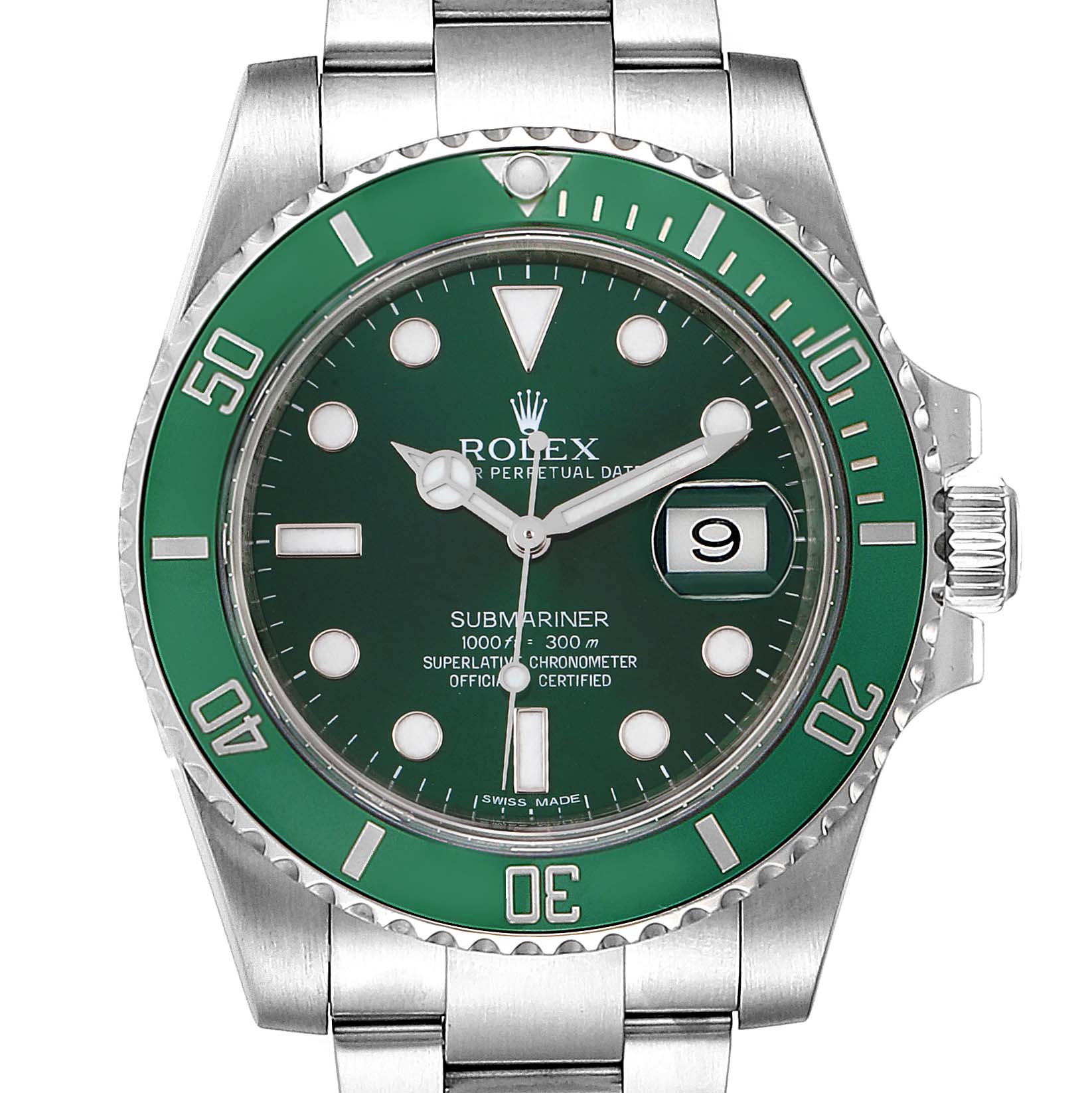 The image shows a front view of the Rolex Submariner 116610LV Men's Stainless Steel Green Dial 116610LV Men's Stainless Steel Green Dial, displaying the green bezel, dial, and part of the stainless steel bracelet.