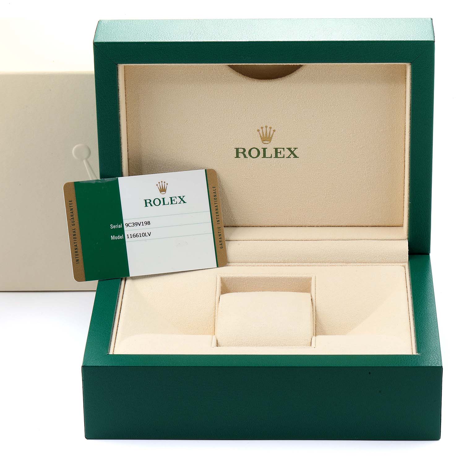 The image shows an open Rolex Submariner 116610LV Men's Stainless Steel Green Dial 116610LV Men's Stainless Steel Green Dial box with the model card displayed inside.