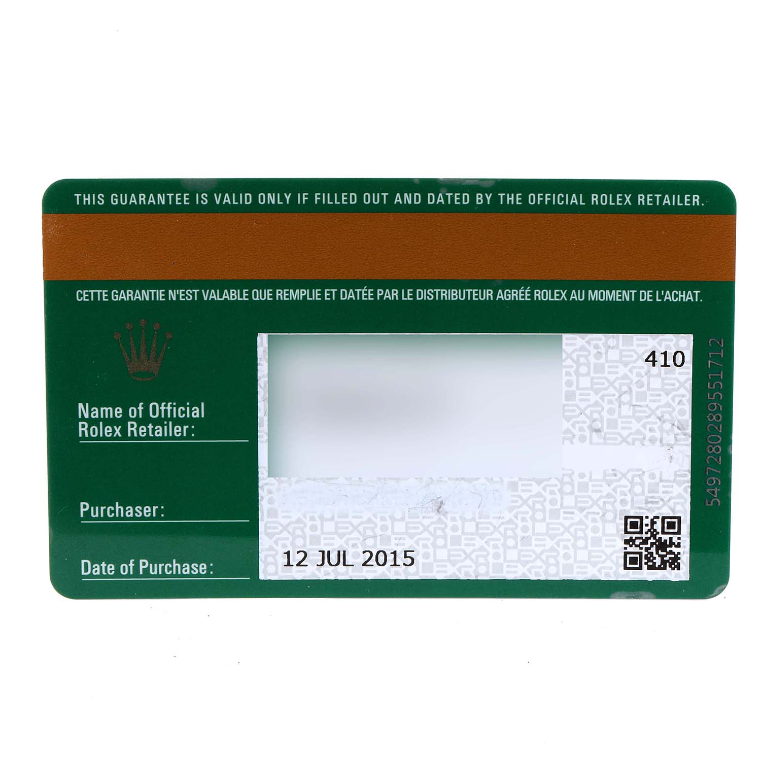 The image shows a guarantee card for a Rolex Submariner 116610LV Men's Stainless Steel Green Dial 116610LV Men's Stainless Steel Green Dial watch.