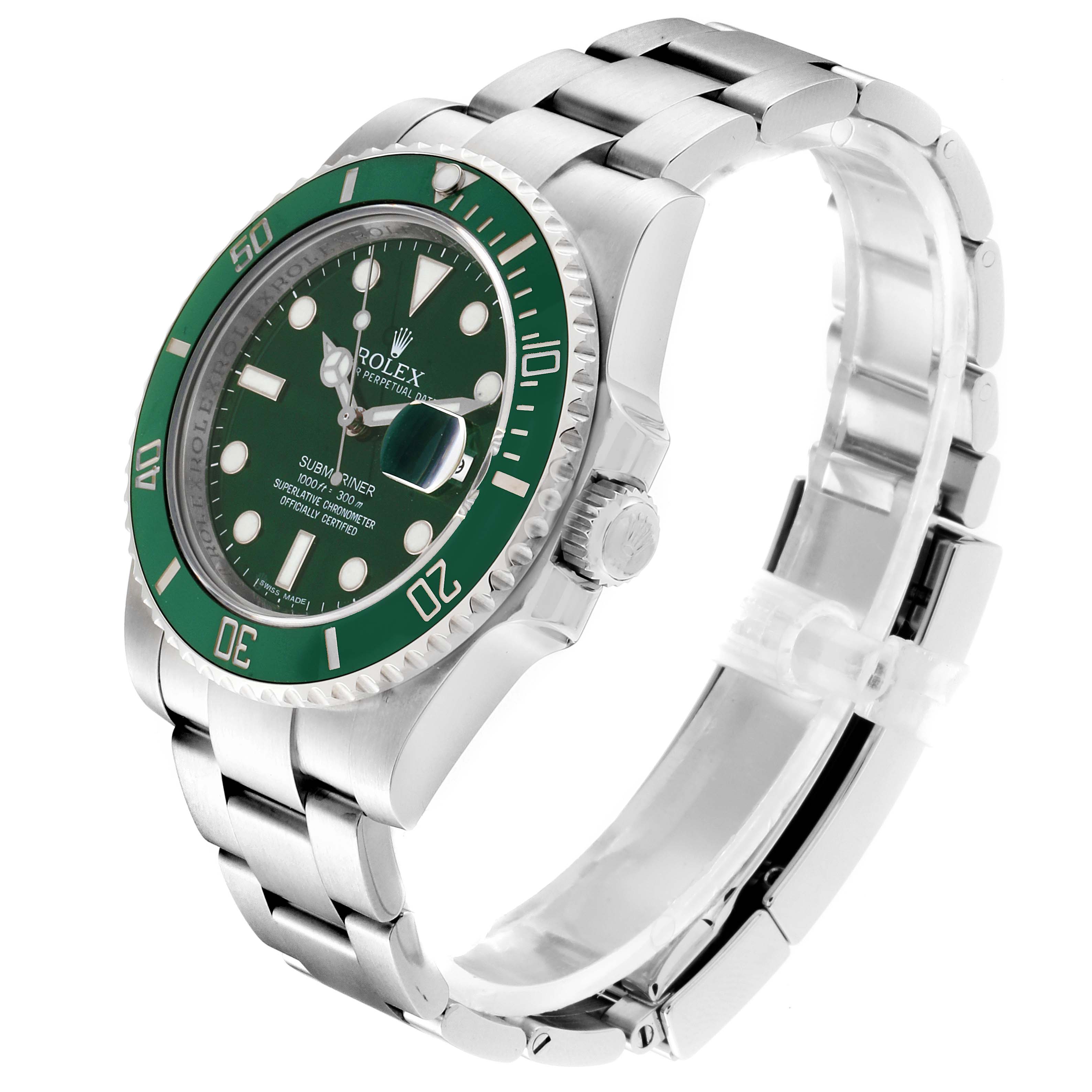 This image shows a Rolex Submariner 116610LV Men's Stainless Steel Green Dial 116610LV Men's Stainless Steel Green Dial at a slight angle, highlighting the dial, bezel, bracelet, and crown.