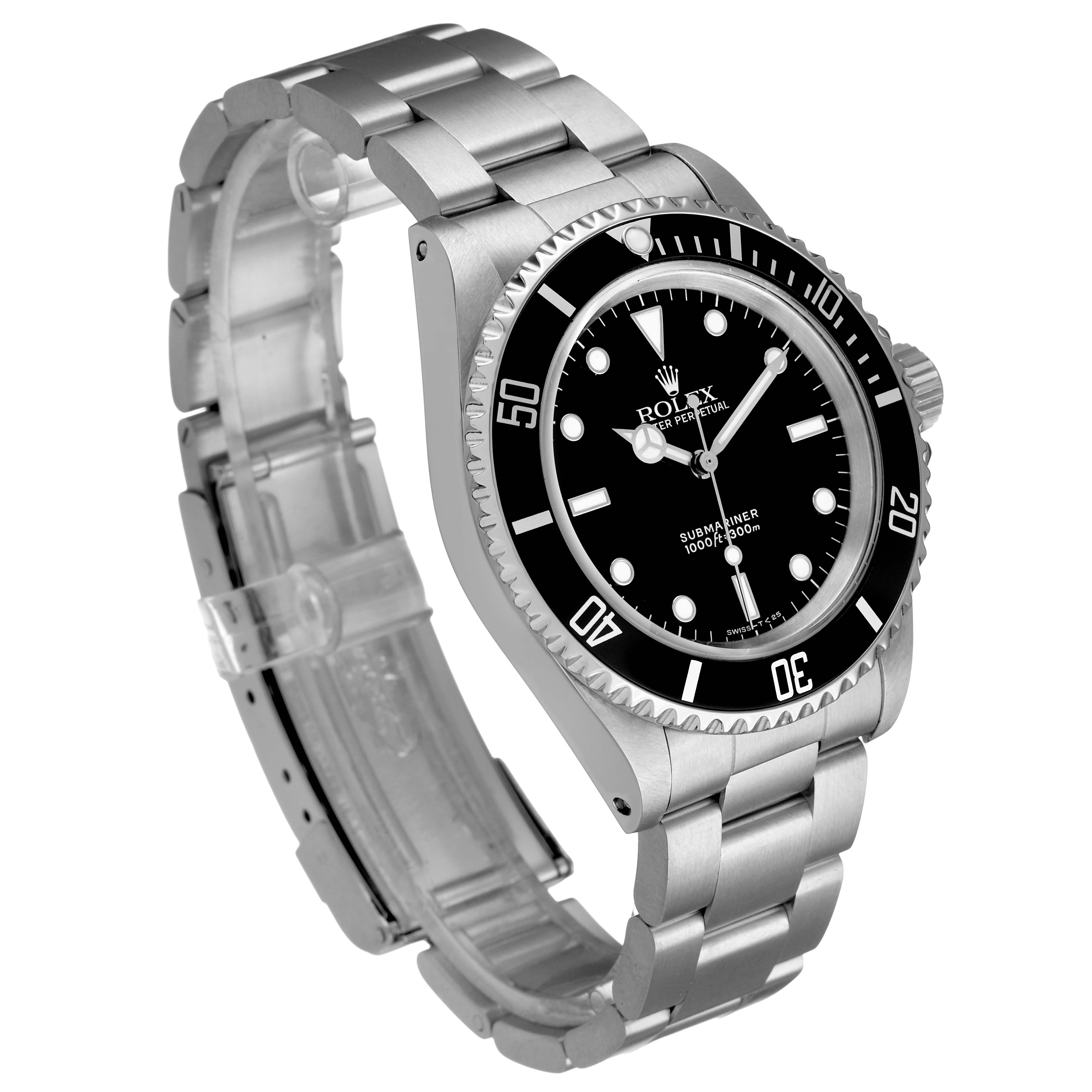 The Rolex Submariner 14060 Men's Stainless Steel Black Dial is shown at an angled view, displaying the watch face, bezel, and metal bracelet.