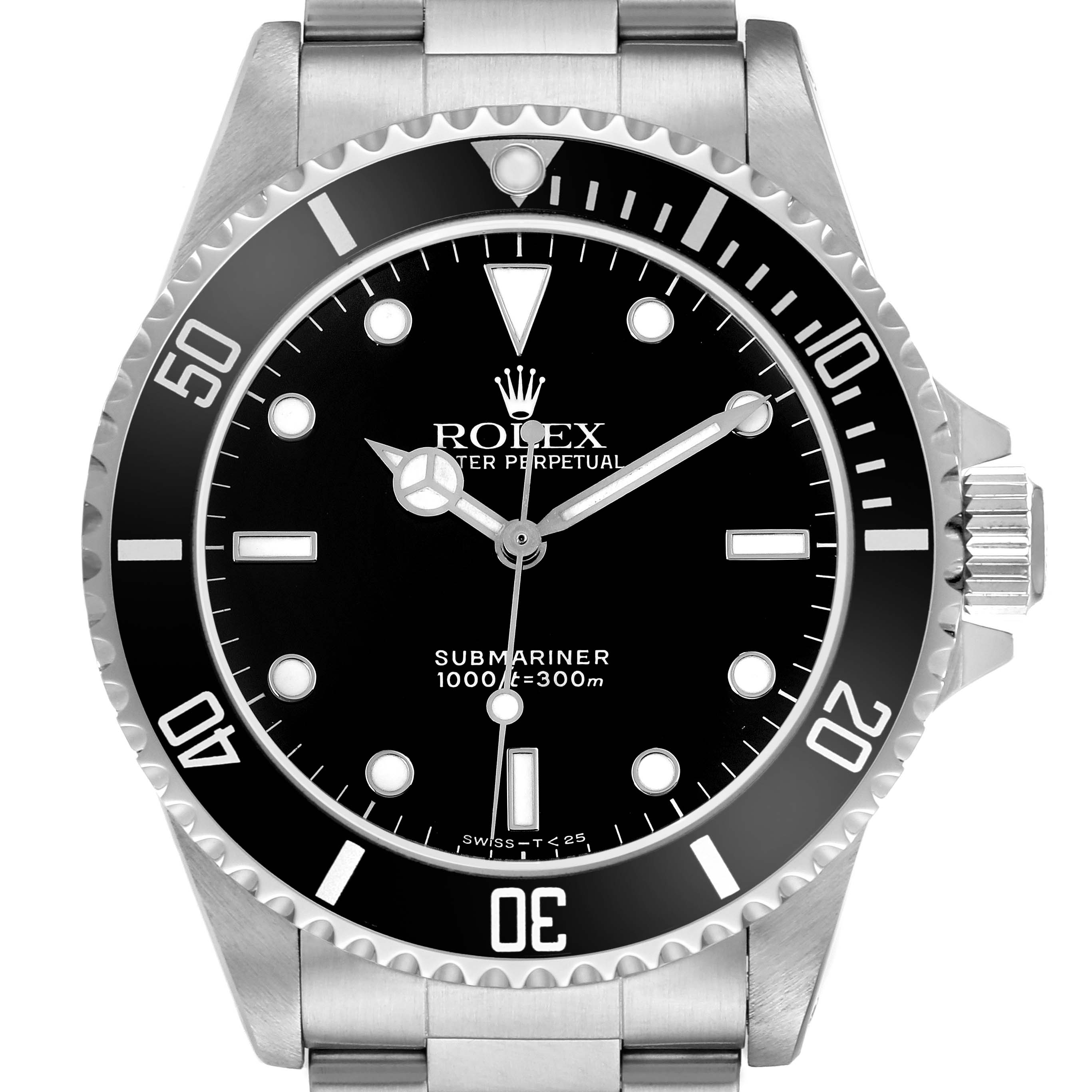 The Rolex Submariner 14060 Men's Stainless Steel Black Dial watch is shown from a front angle, highlighting its black dial, bezel, and stainless steel bracelet.