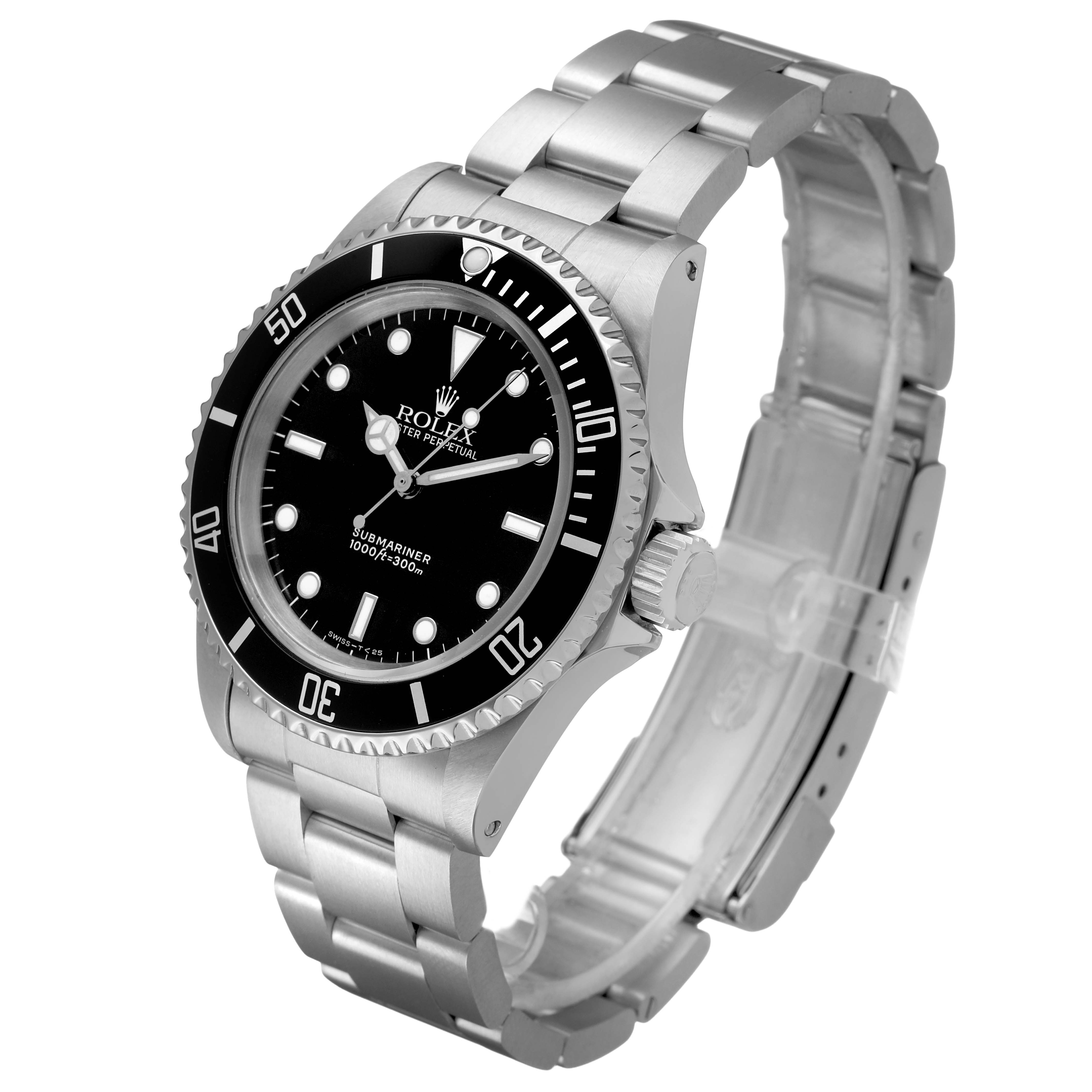 The Rolex Submariner 14060 Men's Stainless Steel Black Dial watch is shown at a three-quarter angle, highlighting the face, bezel, and bracelet.