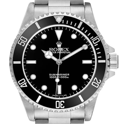 The Rolex Submariner 14060 Men's Stainless Steel Black Dial is shown from the front, highlighting the dial, bezel, and part of the bracelet.