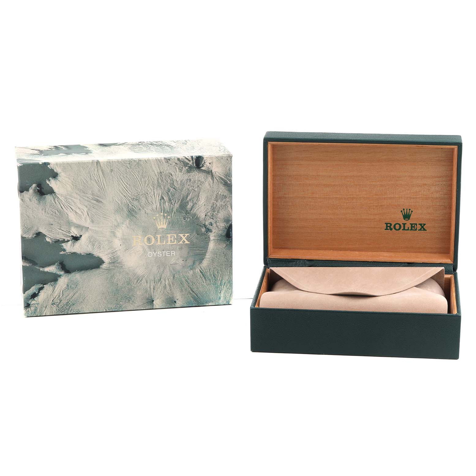 The image shows the packaging for a Rolex Submariner 14060 Men's Stainless Steel Black Dial, including the outer box and open wooden display case.