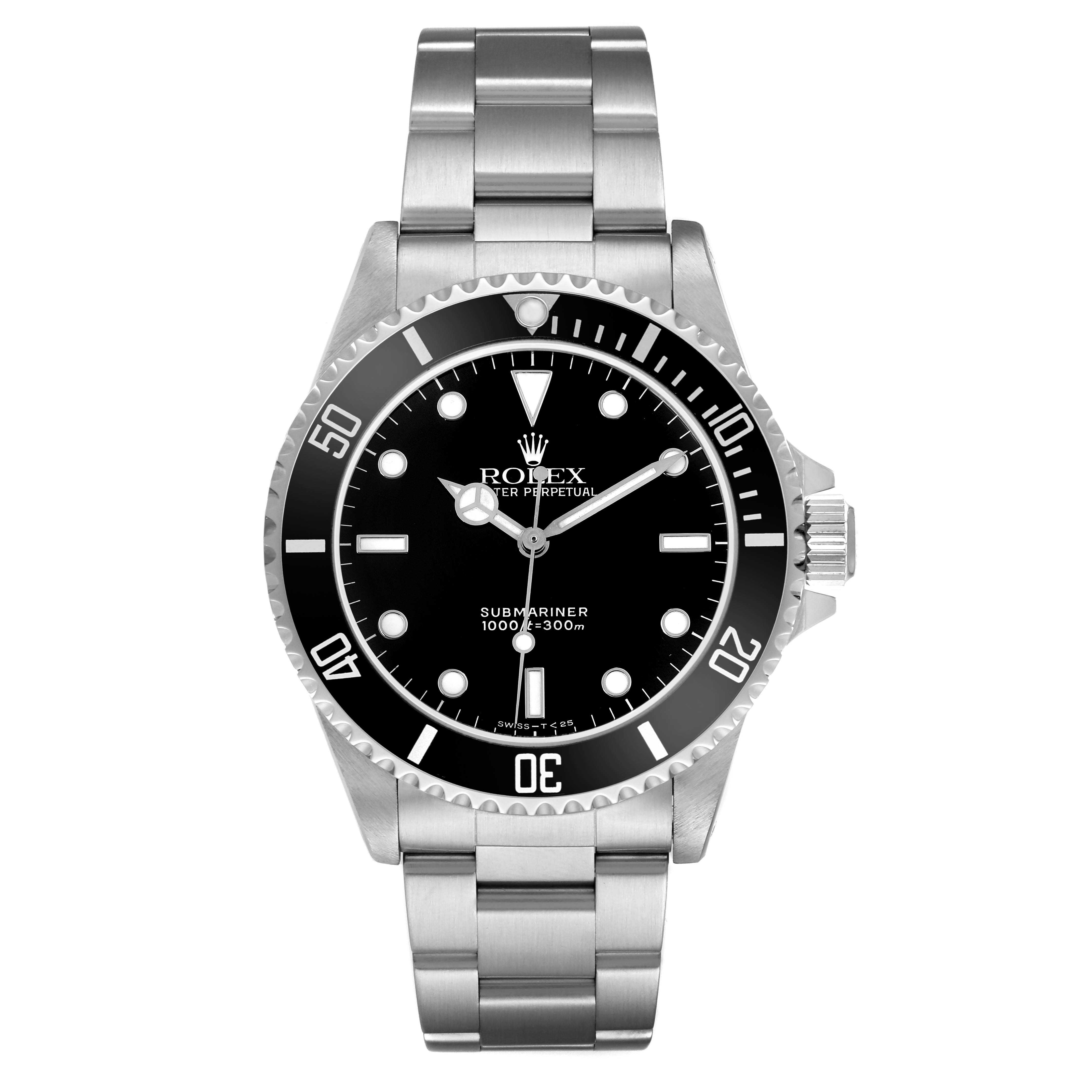 The Rolex Submariner 14060 Men's Stainless Steel Black Dial watch is shown from a front angle, displaying the dial, bezel, and bracelet.