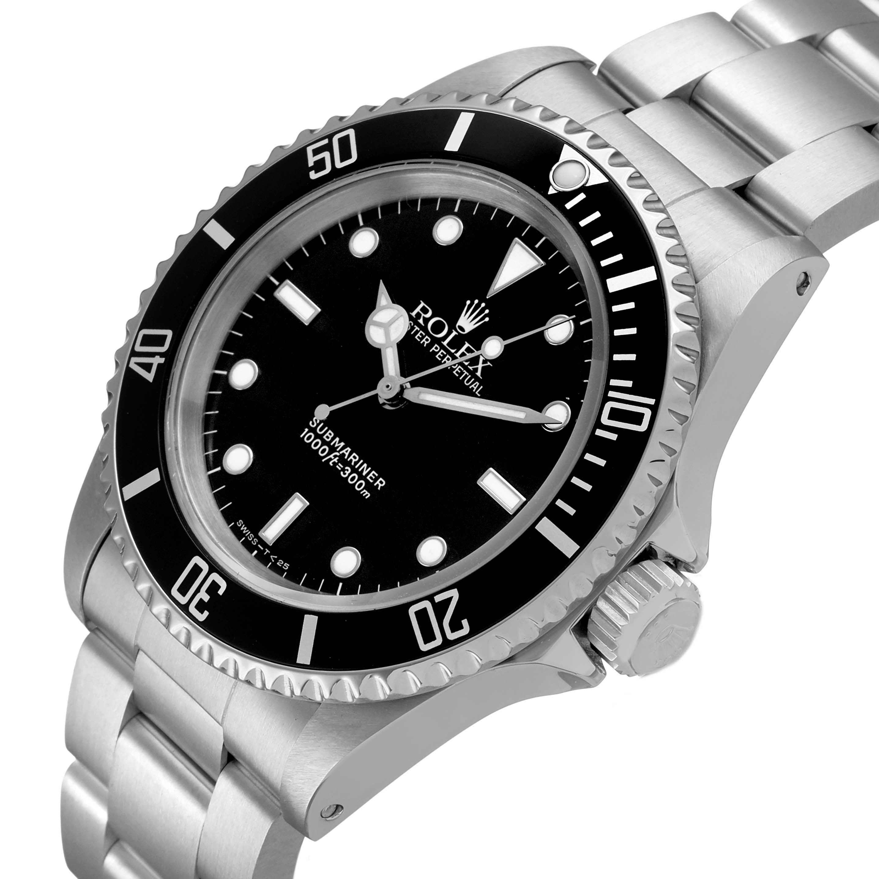 The Rolex Submariner 14060 Men's Stainless Steel Black Dial watch is shown at a three-quarter angle, displaying the dial, bezel, crown, and part of the bracelet.