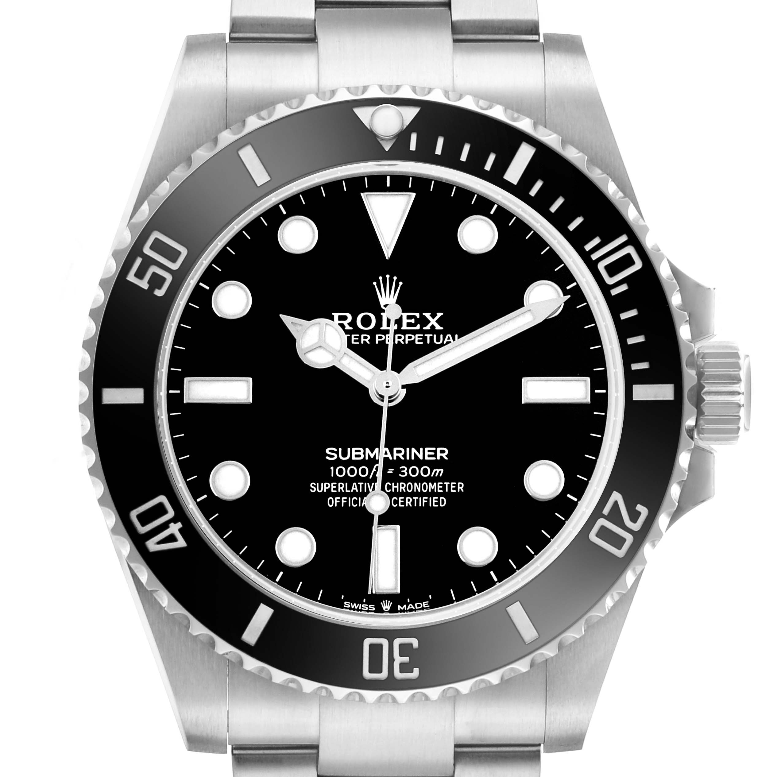 The image shows a front view of the Rolex Submariner M124060-0001 Men's Stainless Steel Black Dial, highlighting the dial, bezel, hands, and part of the bracelet.