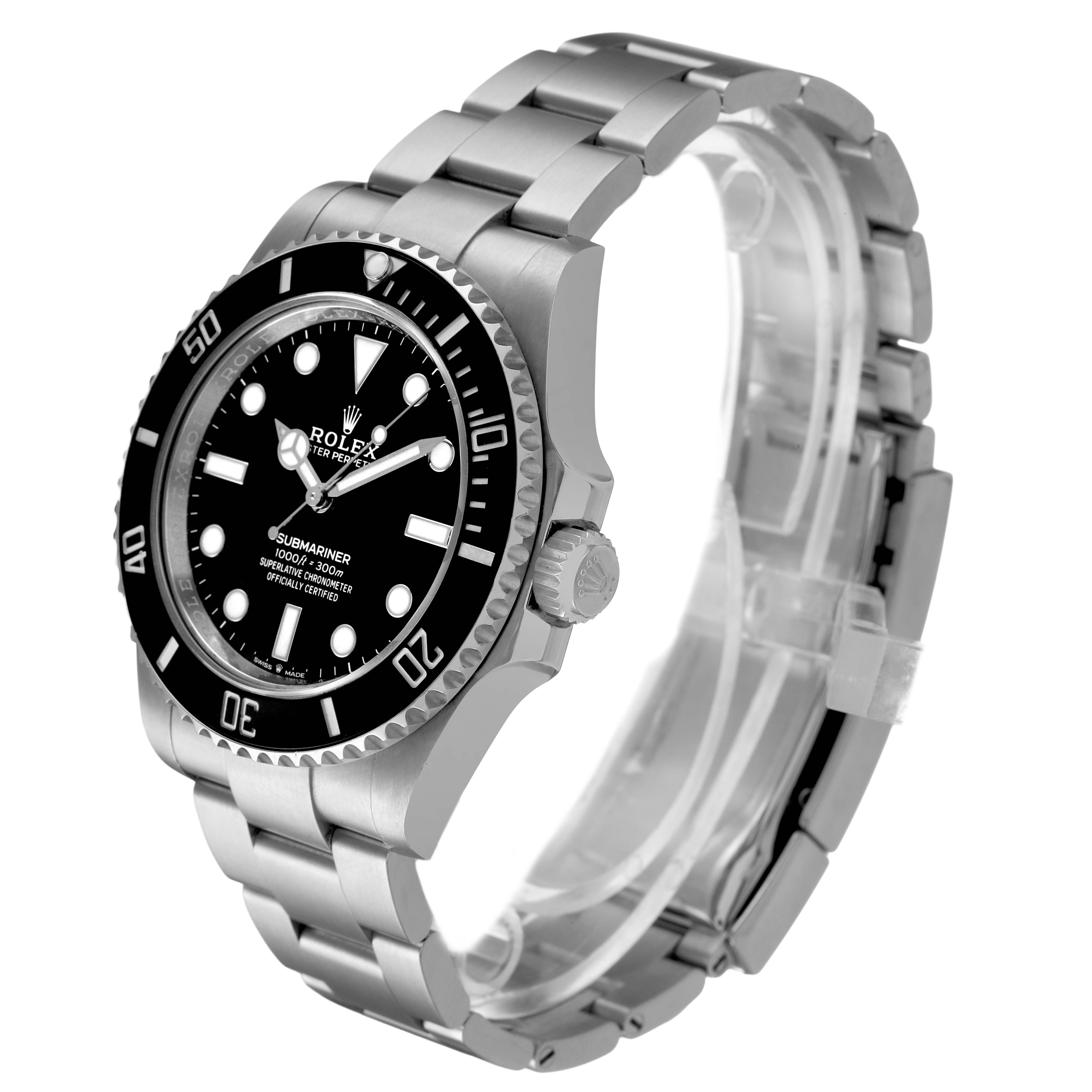 The Rolex Submariner M124060-0001 Men's Stainless Steel Black Dial watch is shown at a side angle, highlighting the black dial, bezel, crown, and silver bracelet.