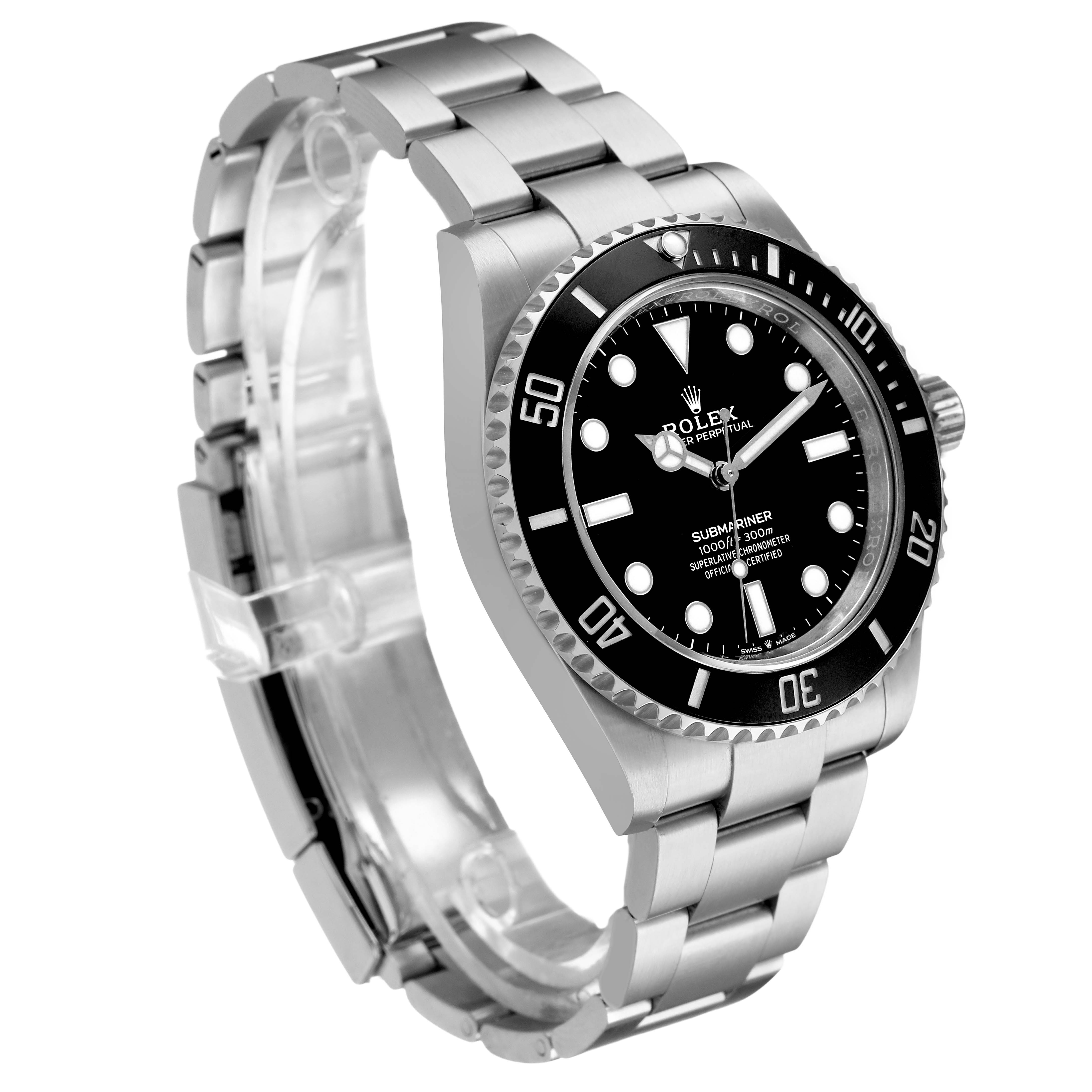 The Rolex Submariner M124060-0001 Men's Stainless Steel Black Dial is angled to show the face, bezel, crown, and part of the bracelet.