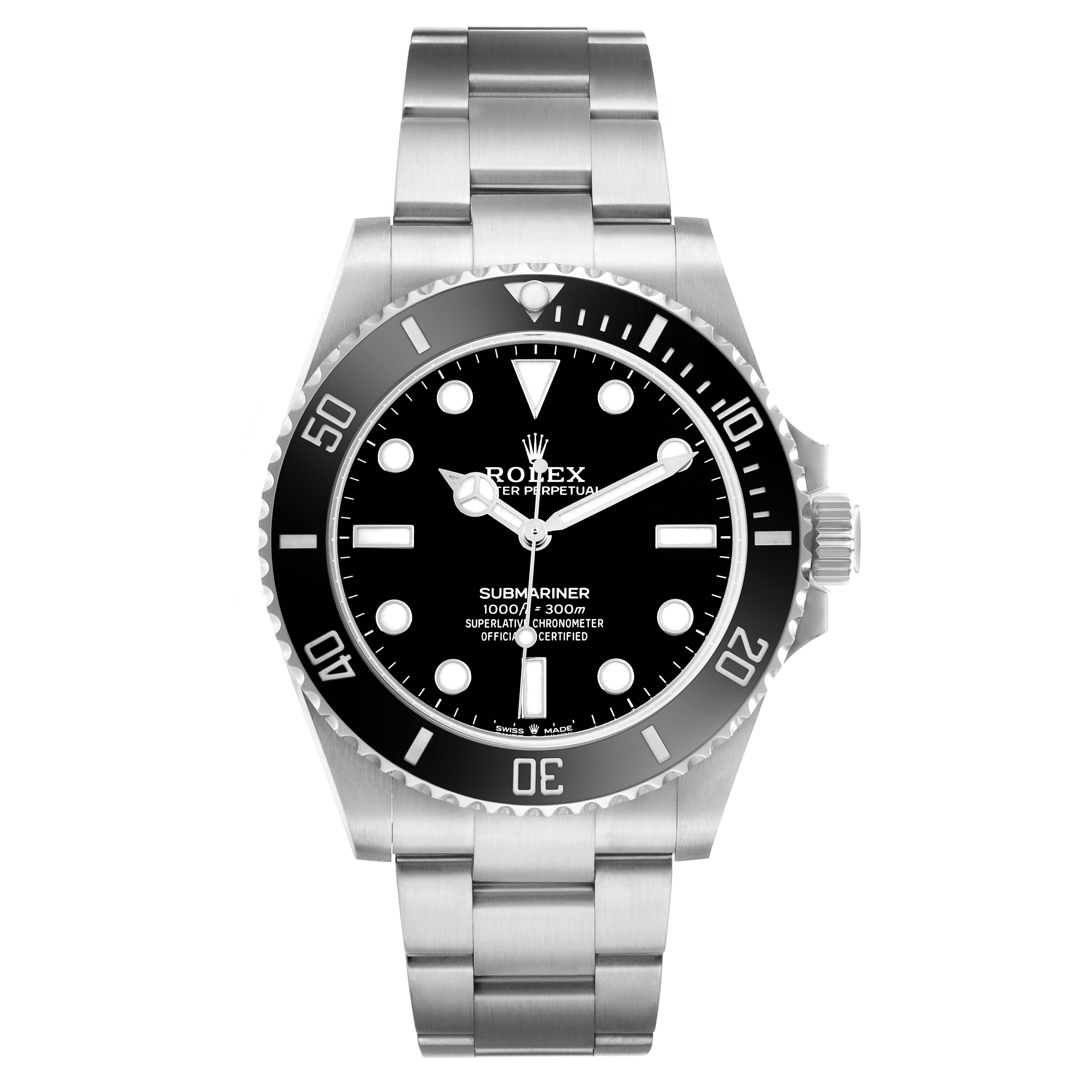 The Rolex Submariner M124060-0001 Men's Stainless Steel Black Dial watch is shown from a top-down angle, displaying the face, bezel, crown, and part of the stainless steel bracelet.