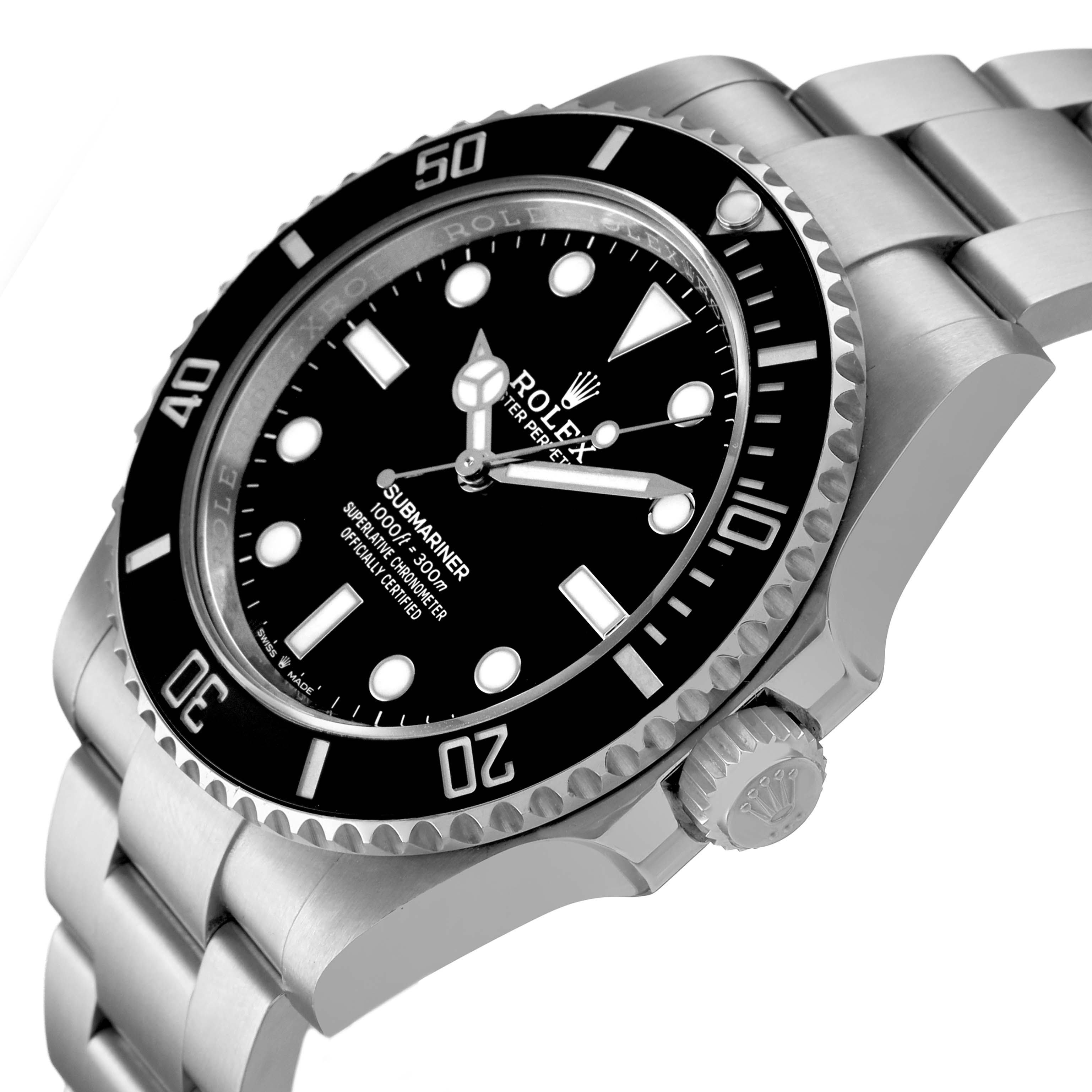 The Rolex Submariner M124060-0001 Men's Stainless Steel Black Dial watch is shown at a side angle, highlighting the bezel, dial, crown, and bracelet.