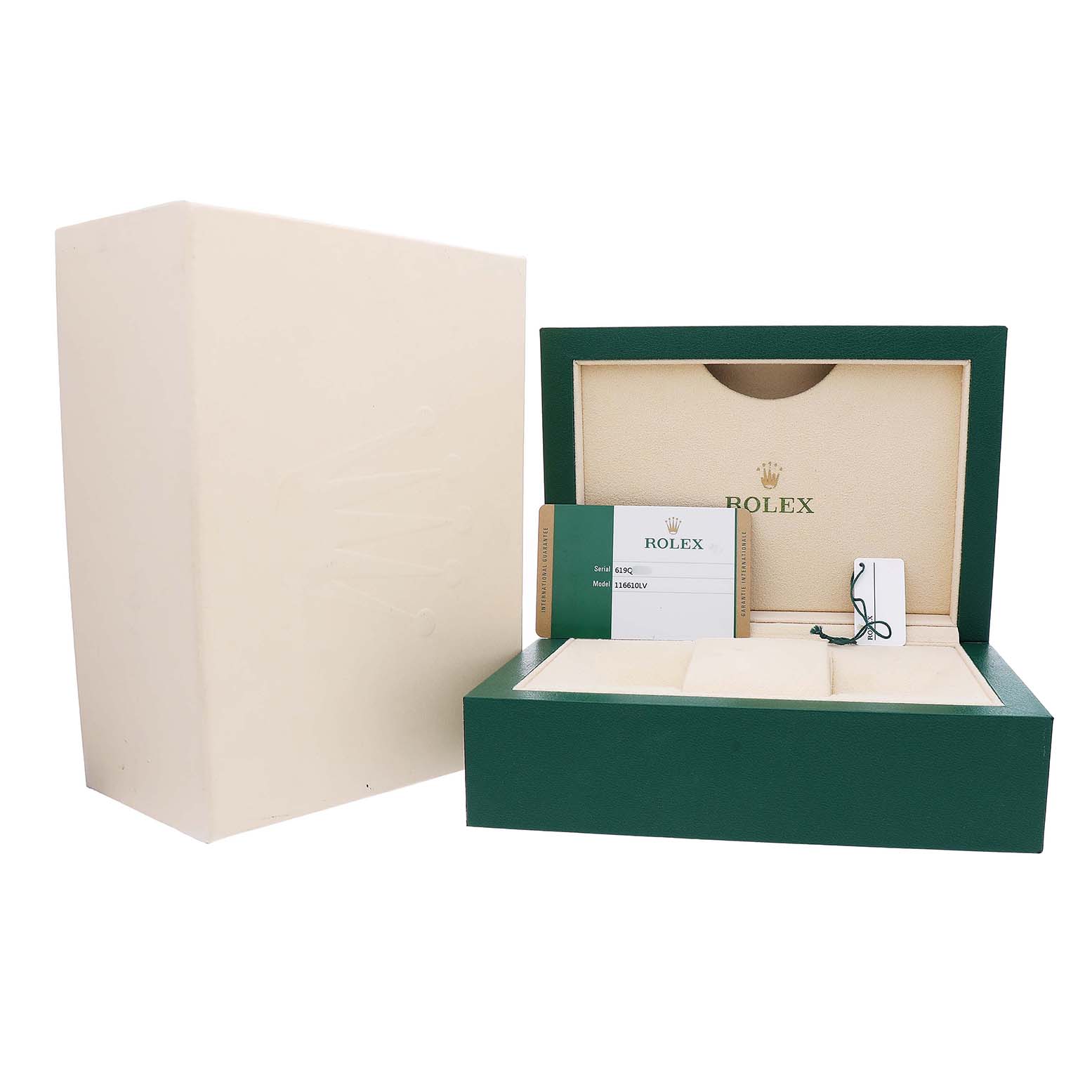 The image shows the open packaging and accessories of a Rolex Submariner M116610LV-002 Men's Stainless Steel Green Dial, including the box, tag, and documentation.