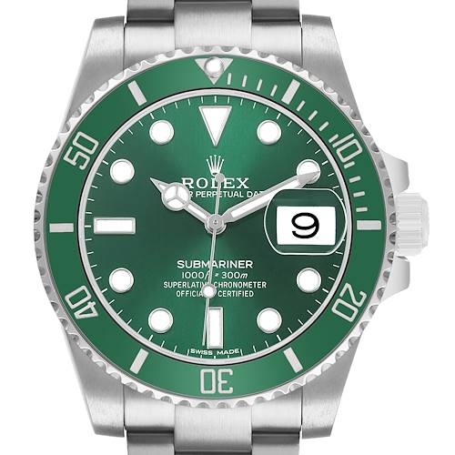 The image shows a front view of the Rolex Submariner M116610LV-002 Men's Stainless Steel Green Dial, displaying the green dial, bezel, and cyclops date window.