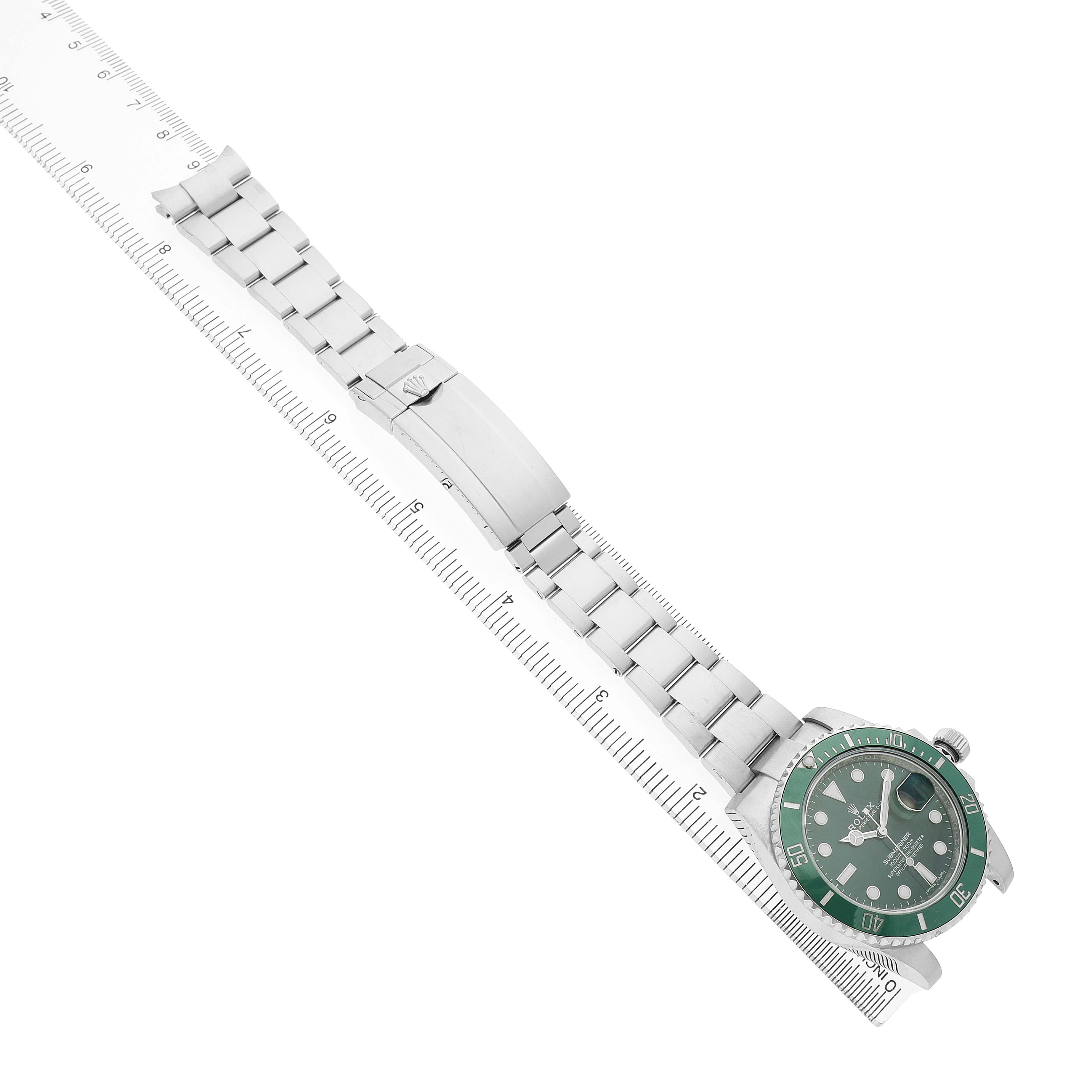 The Rolex Submariner M116610LV-002 Men's Stainless Steel Green Dial watch is shown from a top view with its face, bezel, bracelet, and clasp visible.