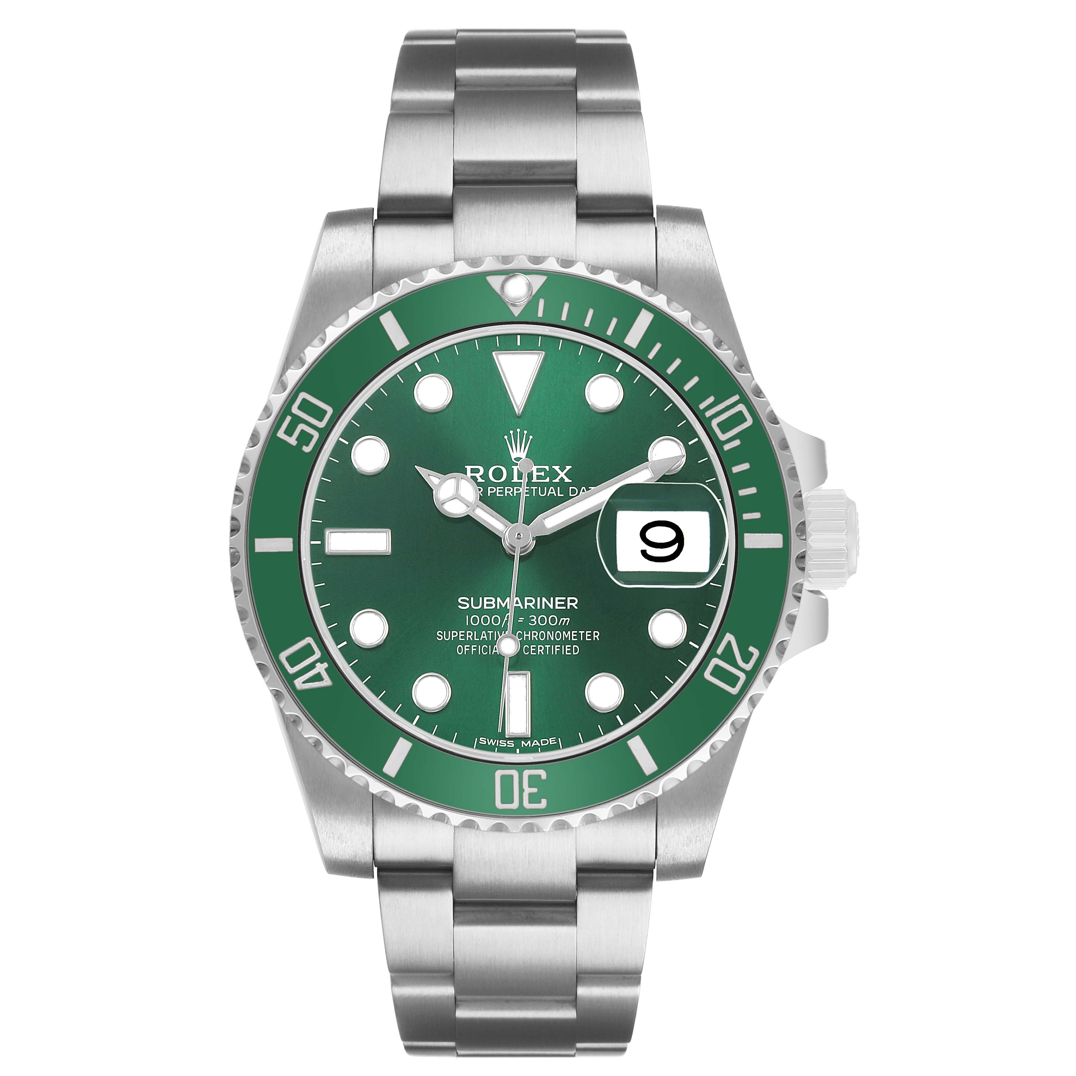 The Rolex Submariner M116610LV-002 Men's Stainless Steel Green Dial watch is shown from a top-down angle, clearly displaying its green dial, bezel, and stainless steel bracelet.