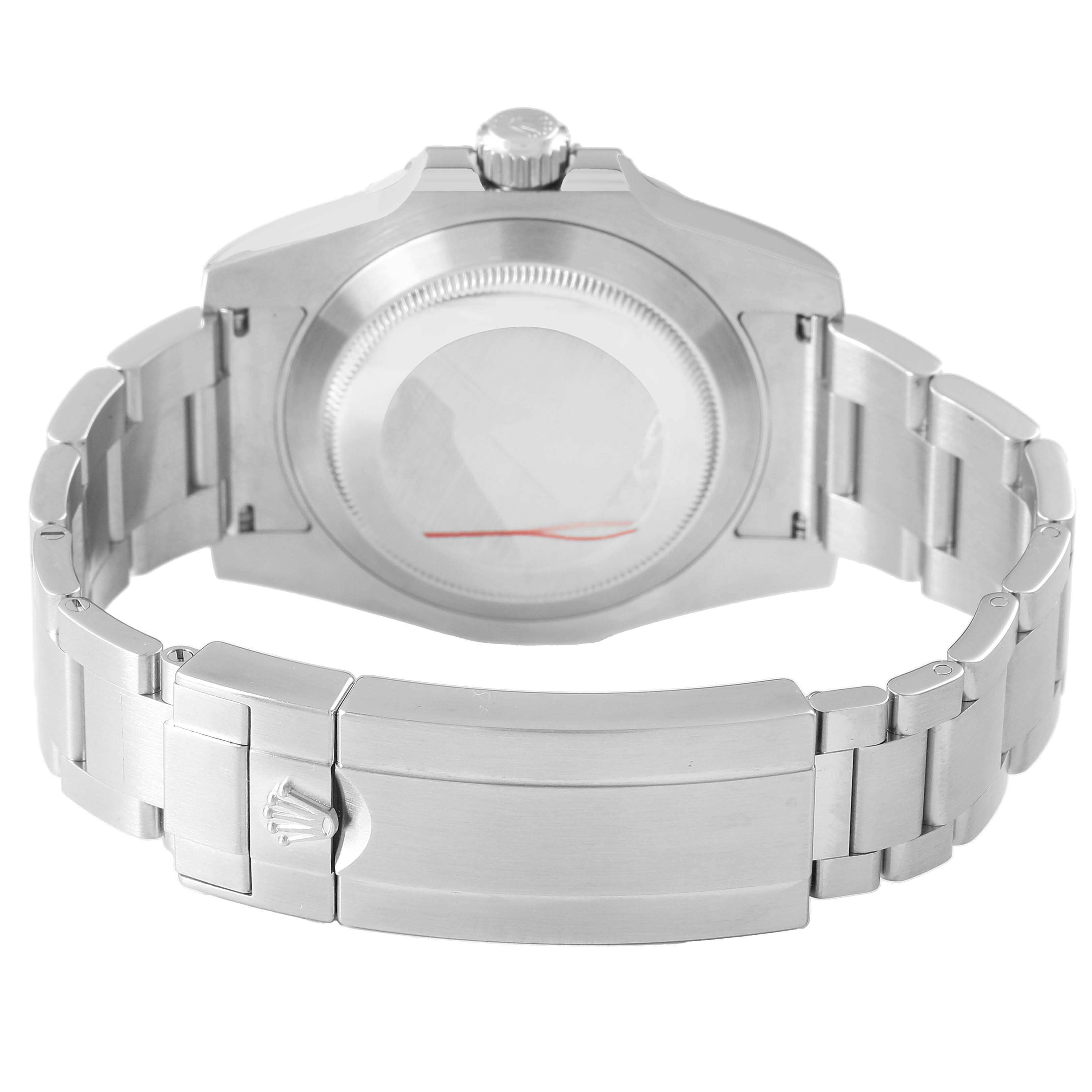 The image shows the back of the Rolex Submariner M116610LV-002 Men's Stainless Steel Green Dial watch, highlighting the case back and the metal bracelet with clasp.