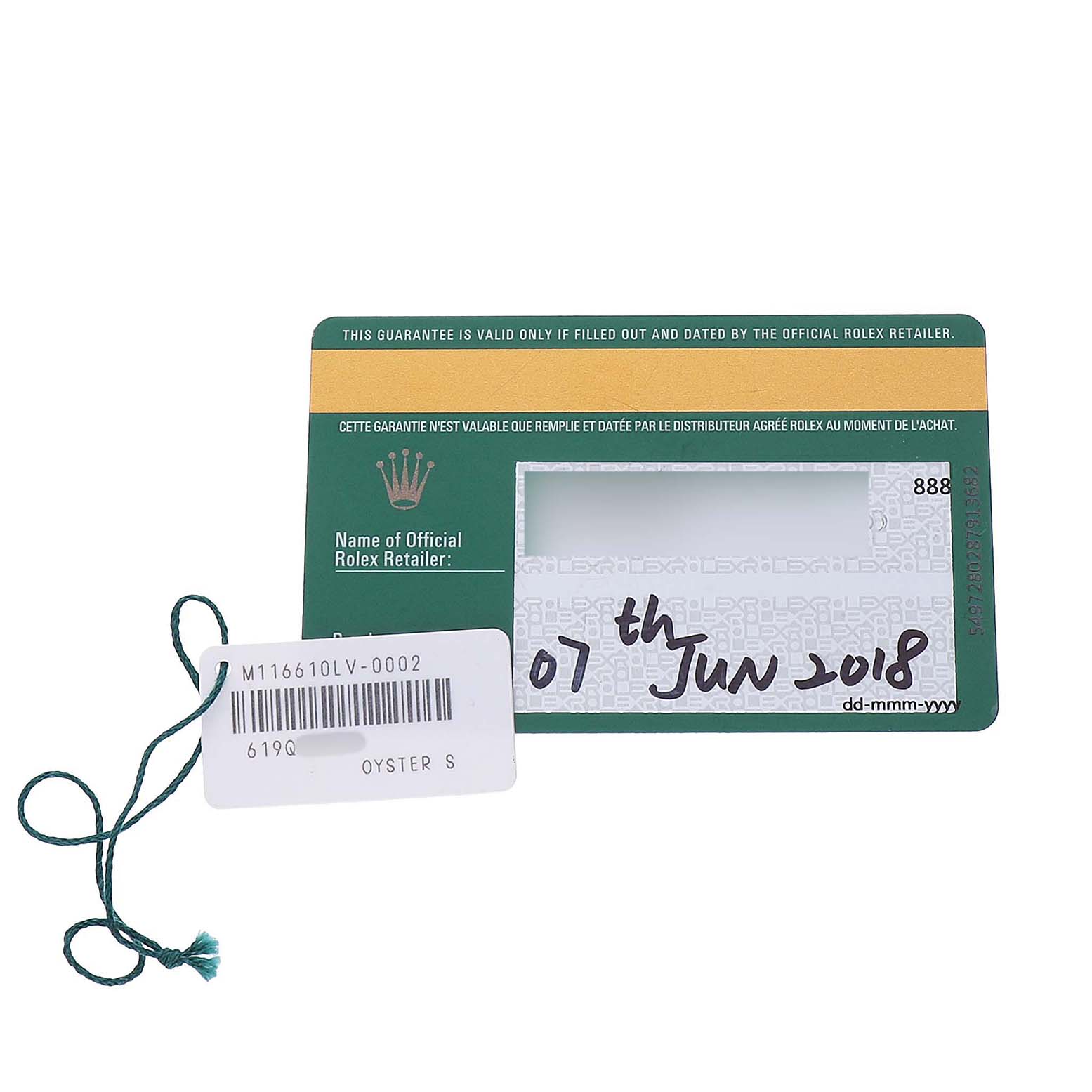 The image shows a Rolex Submariner M116610LV-002 Men's Stainless Steel Green Dial warranty card and hang tag with model details.