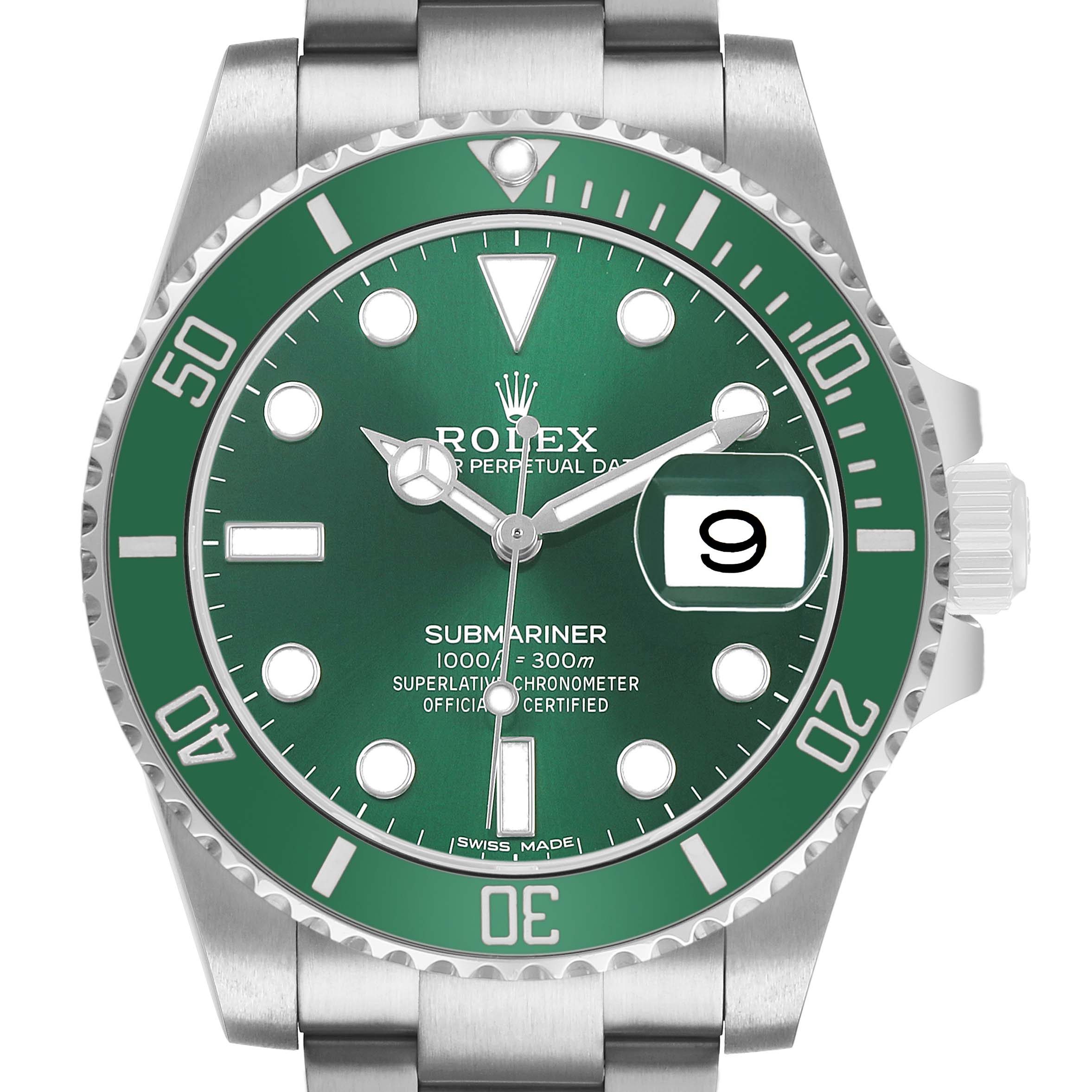 The Rolex Submariner M116610LV-002 Men's Stainless Steel Green Dial is shown from a front angle, highlighting its green dial, bezel, bracelet, and crown.