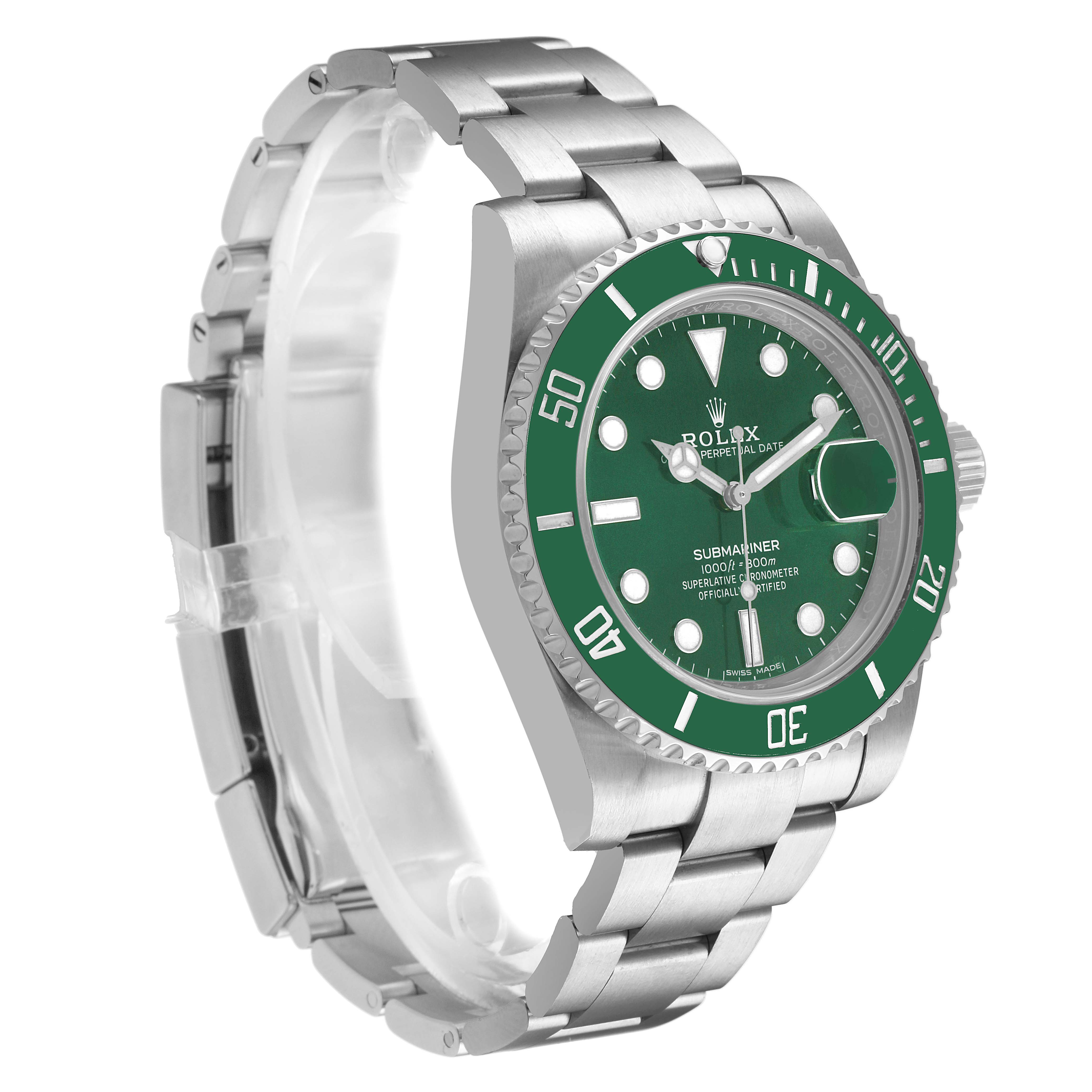 The Rolex Submariner M116610LV-002 Men's Stainless Steel Green Dial is shown at an angled side view, displaying the green bezel, dial, and stainless steel bracelet.