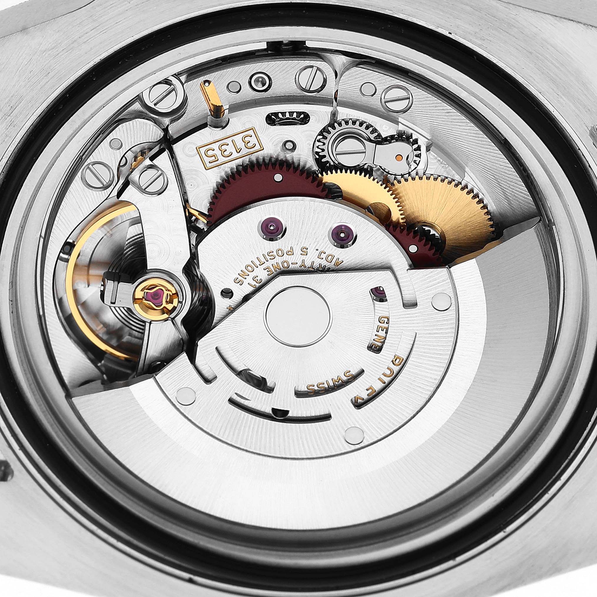 The image shows the internal movement parts of a Rolex Submariner M116610LV-002 Men's Stainless Steel Green Dial watch, viewed from the back.