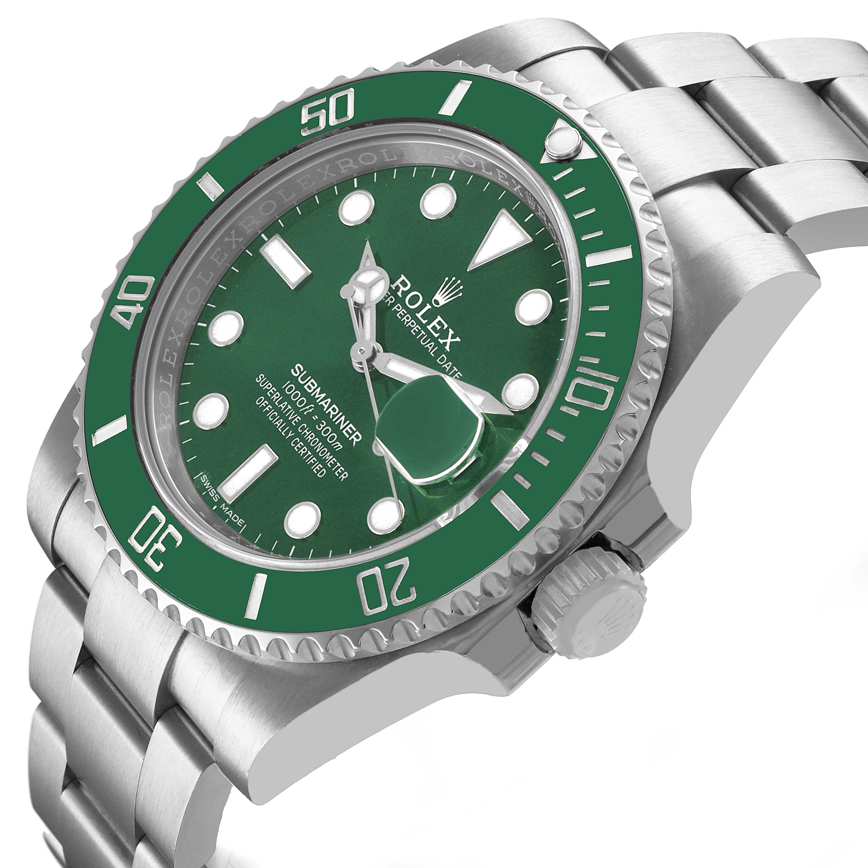 The Rolex Submariner M116610LV-002 Men's Stainless Steel Green Dial watch is viewed from a side angle, showing the green bezel, dial, crown, and part of the bracelet.
