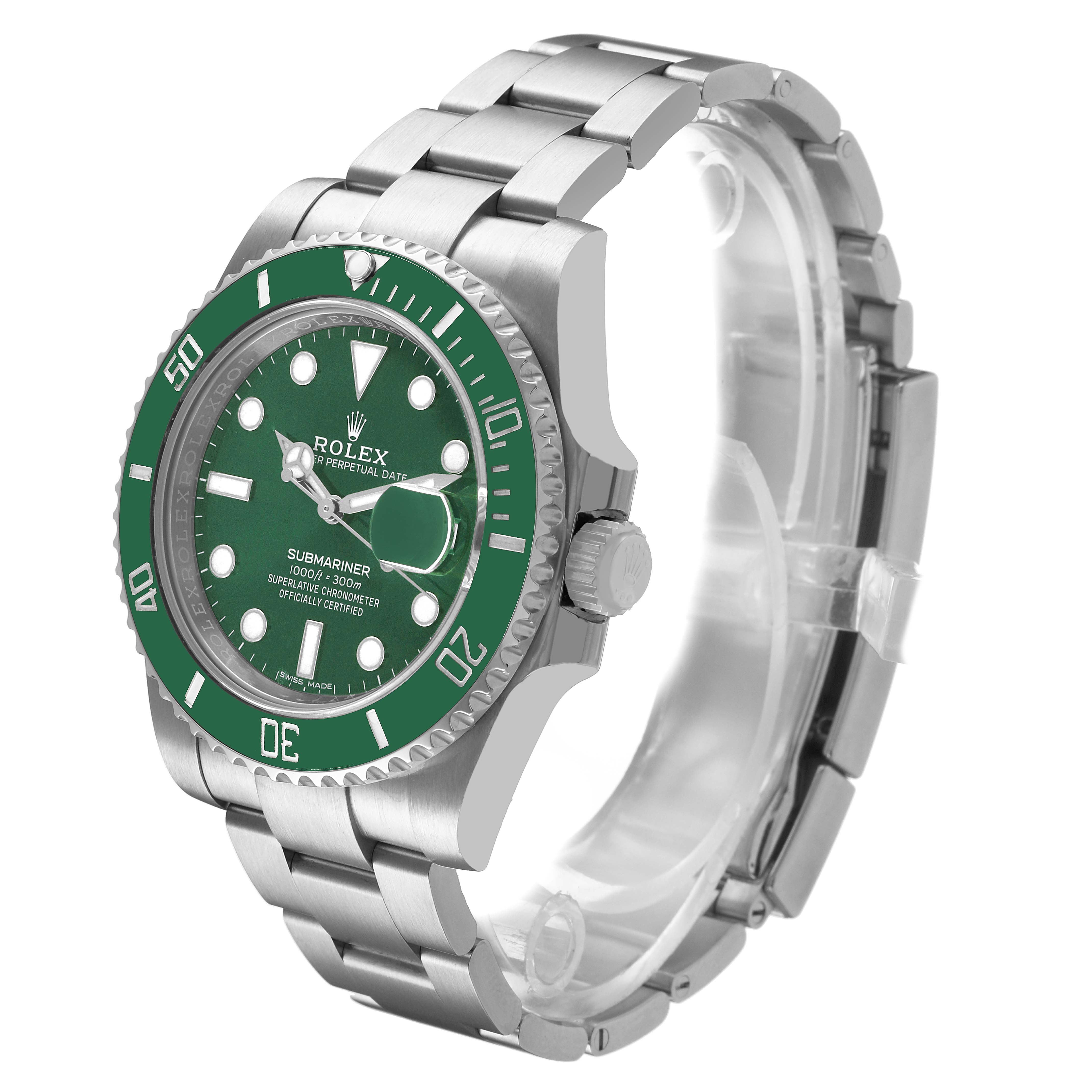 The Rolex Submariner M116610LV-002 Men's Stainless Steel Green Dial is shown at a three-quarter angle featuring the dial, bezel, crown, and bracelet.