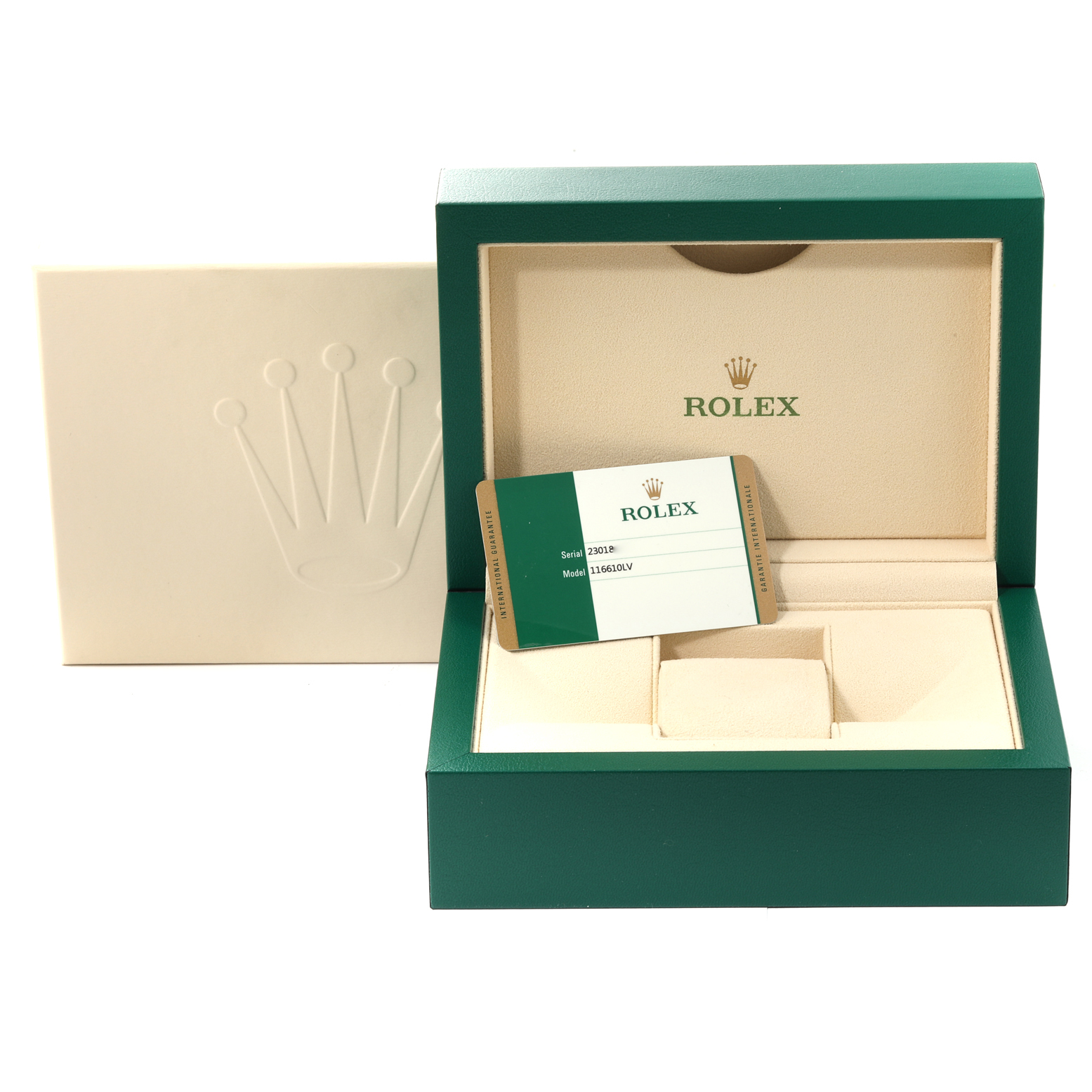 The image shows a Rolex Submariner 116610LV Men's Stainless Steel Green Dial watch box at an angle, with the open lid displaying the interior and a warranty card.
