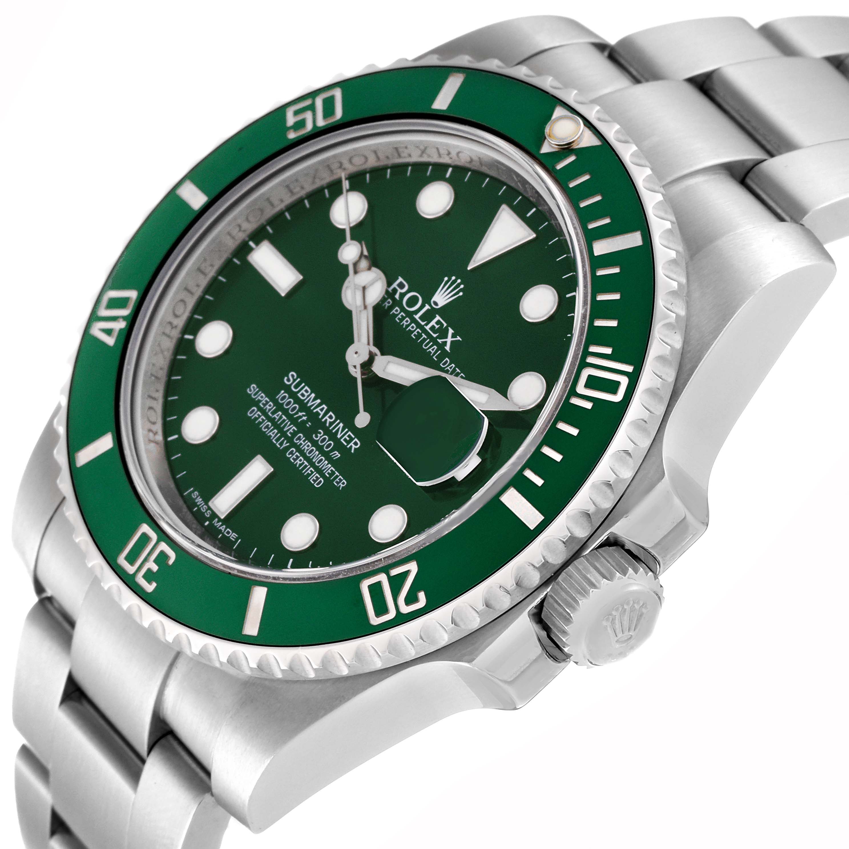 The Rolex Submariner 116610LV Men's Stainless Steel Green Dial watch is shown at a side angle highlighting the green bezel, dial, bracelet, and crown.