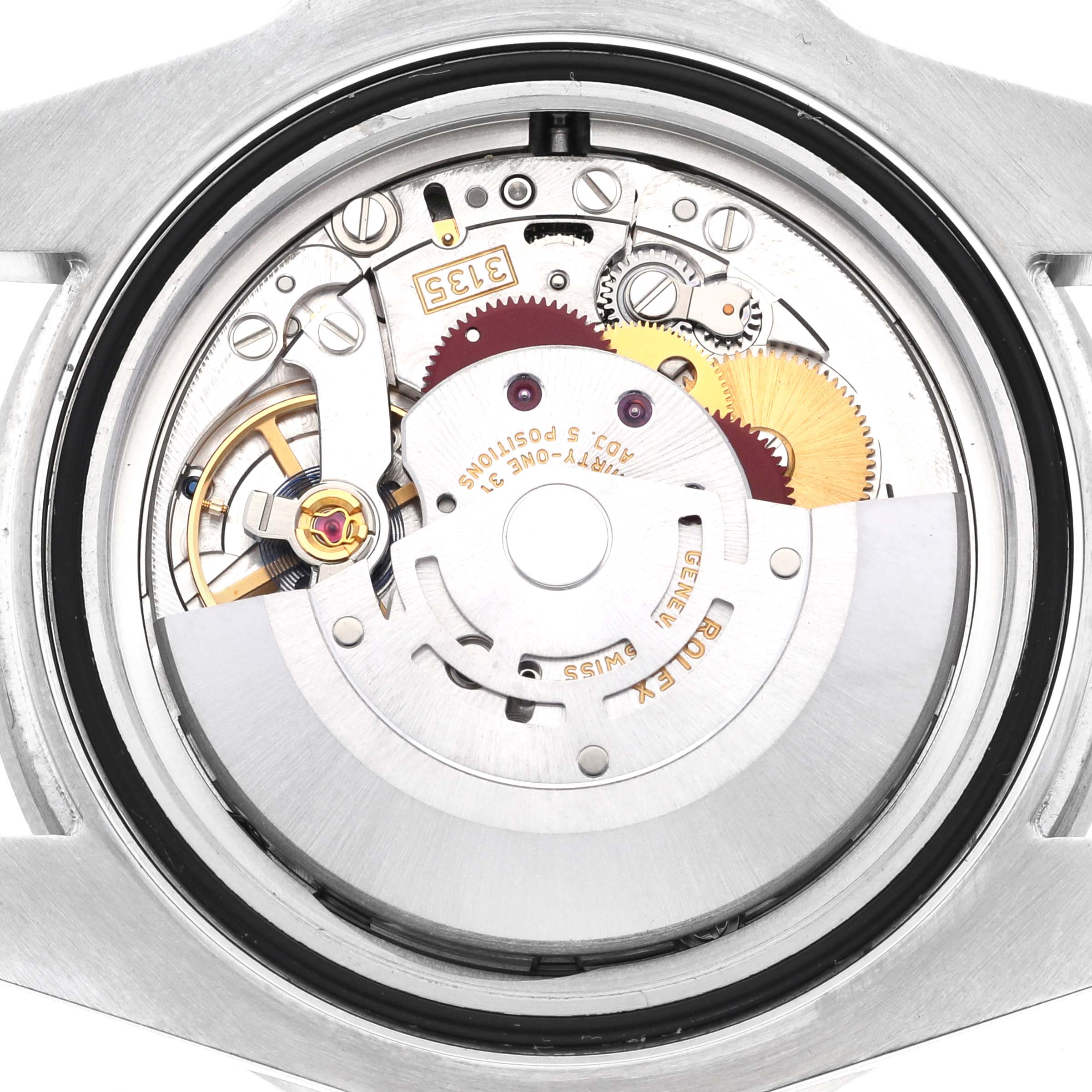 The image shows the inner mechanism of a Rolex Submariner 116610LV Men's Stainless Steel Green Dial, focusing on the movement and gears from a back view.