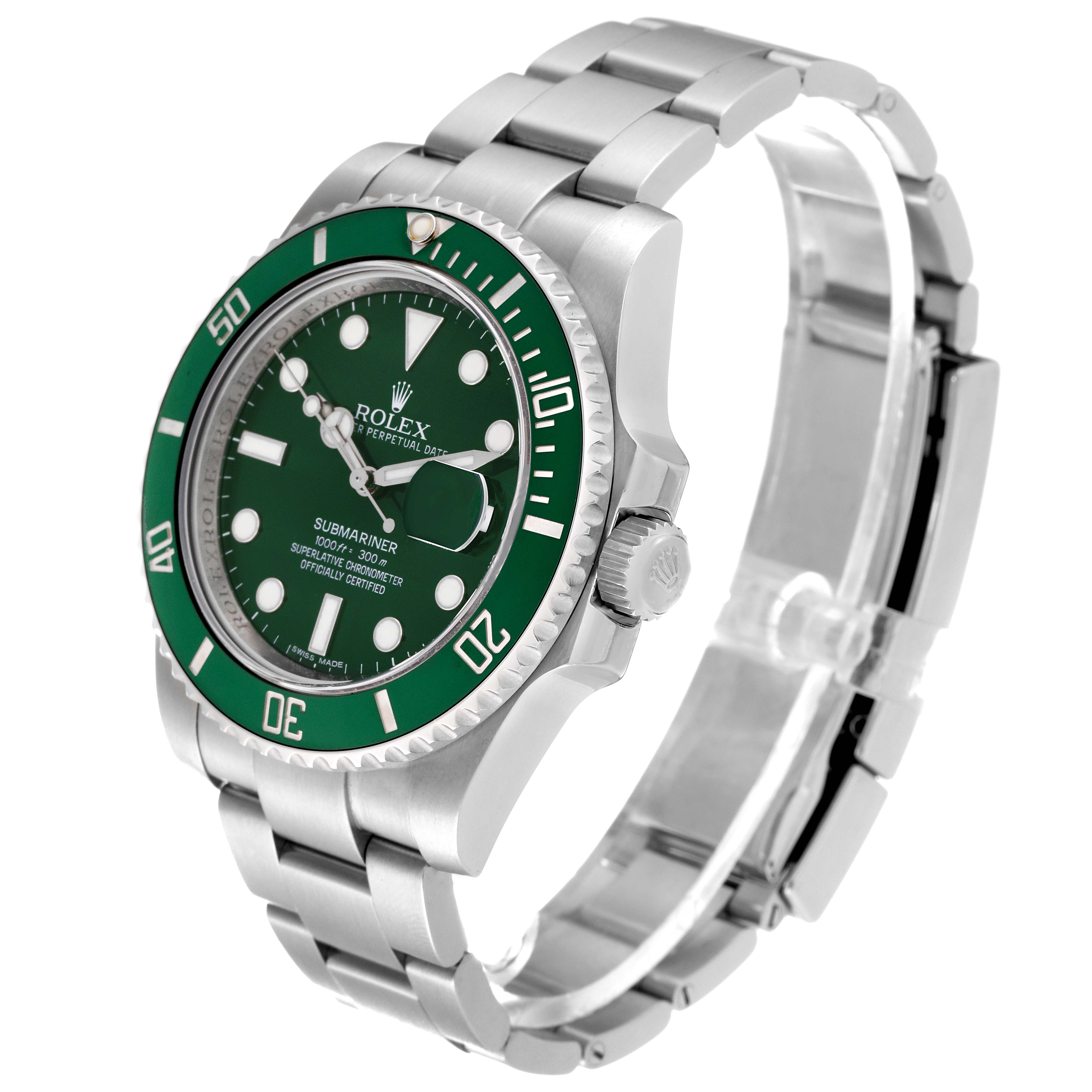 The Rolex Submariner 116610LV Men's Stainless Steel Green Dial is shown at a three-quarter angle highlighting the green bezel, dial, crown, and bracelet.