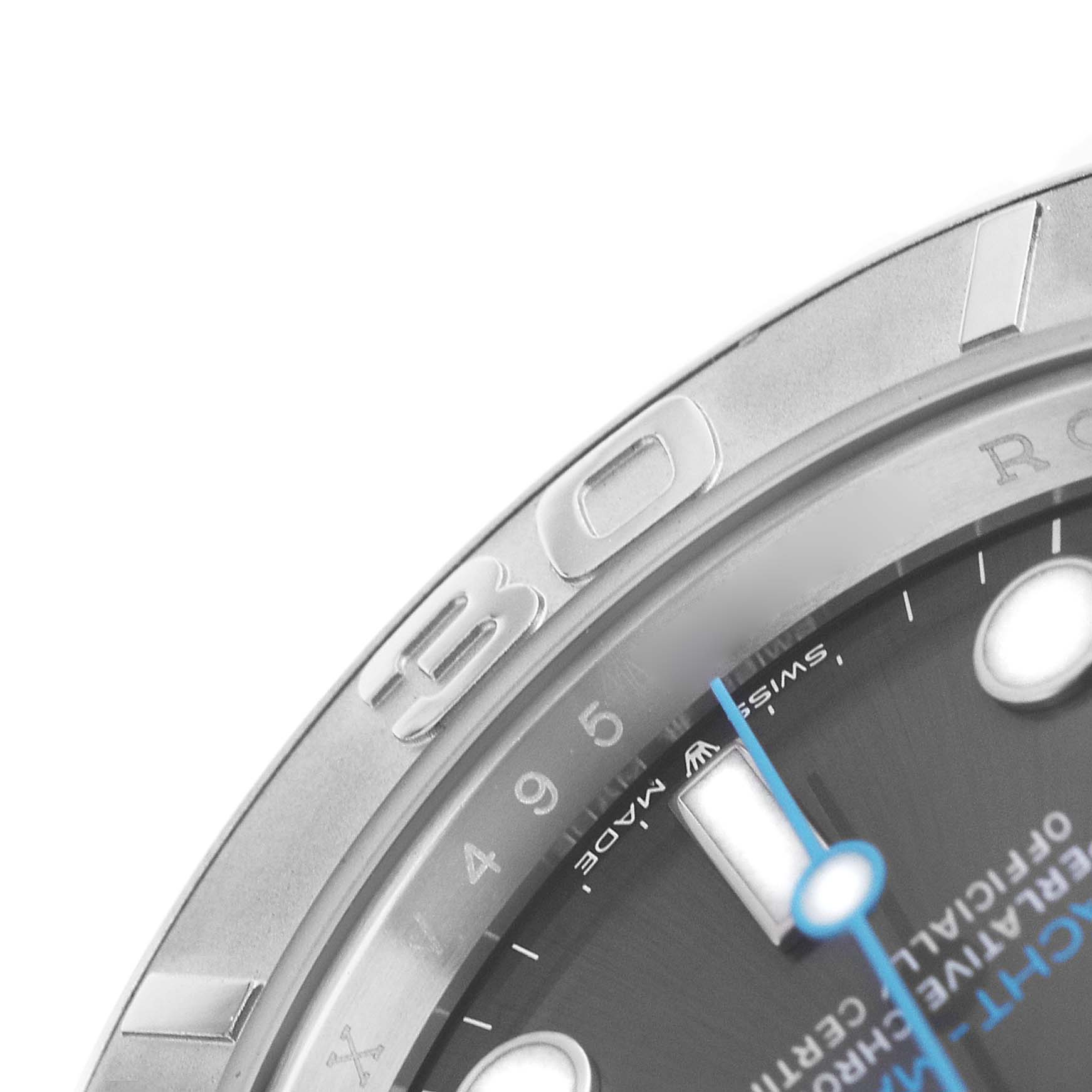 The image shows a close-up of the Rolex Yacht-Master 126622 Men's Stainless Steel Grey Dial's bezel, dial, and part of an hour marker and hand.