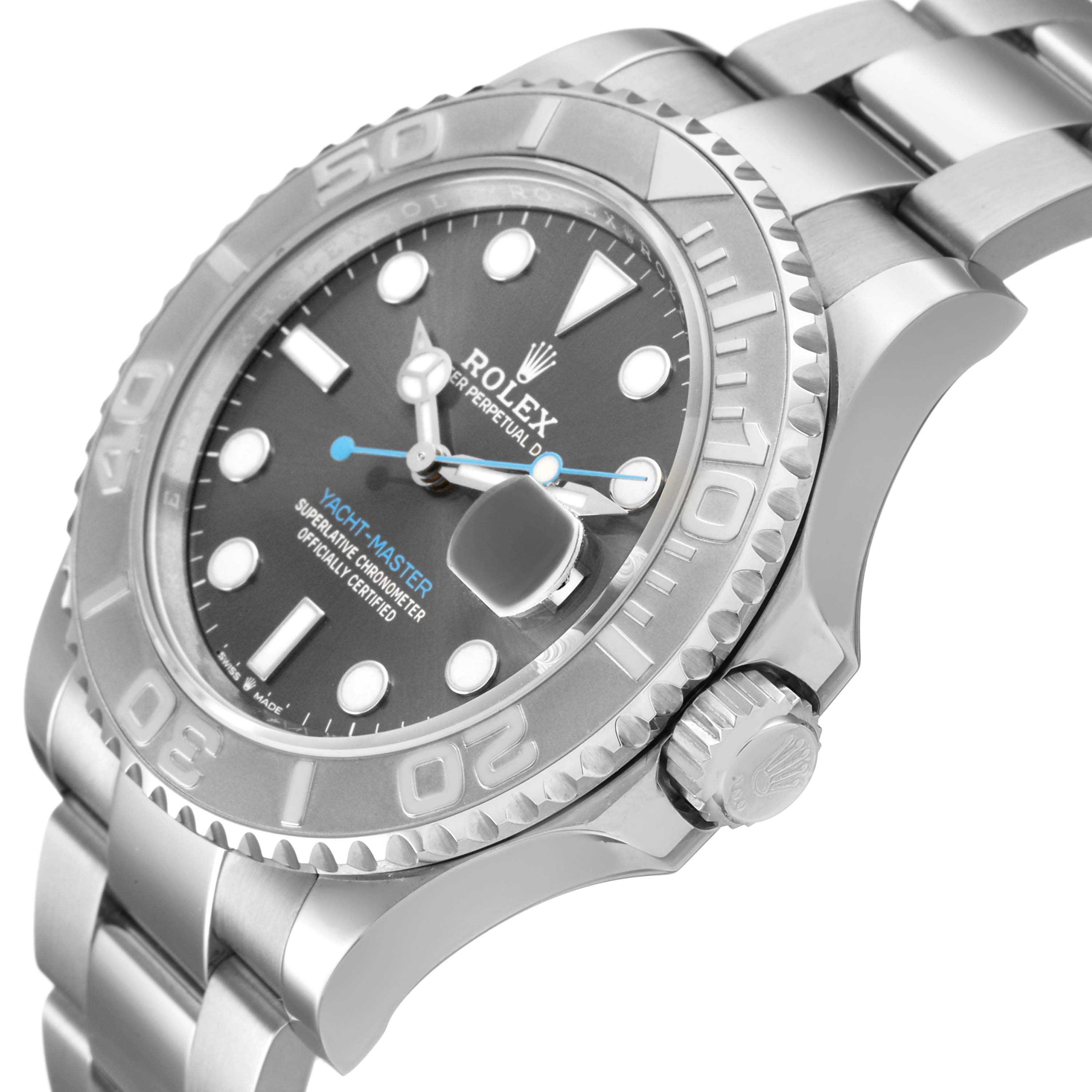 The Rolex Yacht-Master 126622 Men's Stainless Steel Grey Dial watch is shown at an angled side view, highlighting the bezel, dial, and bracelet.