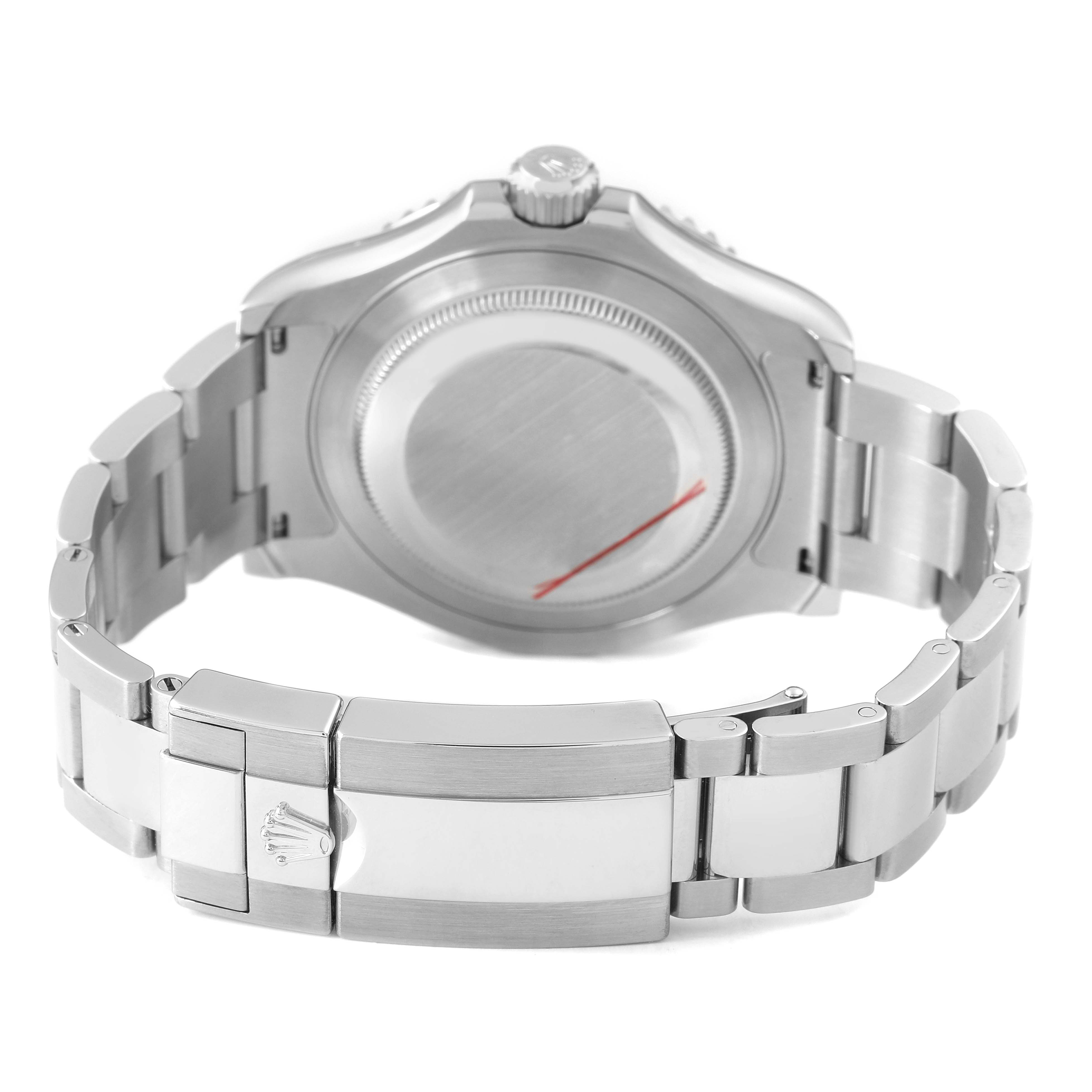 The image shows the back view of a Rolex Yacht-Master 126622 Men's Stainless Steel Grey Dial watch, highlighting its case back and bracelet clasp.