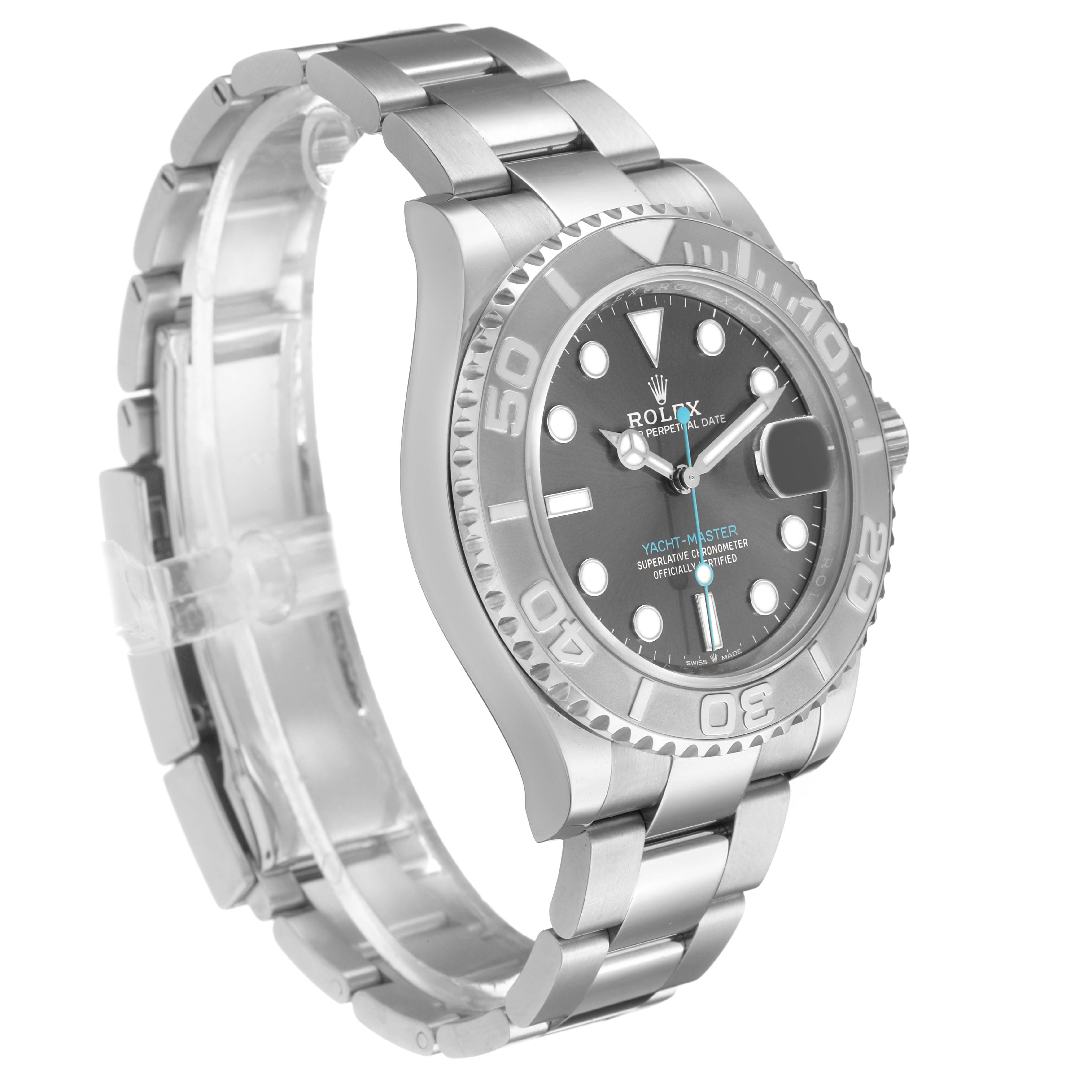 The Rolex Yacht-Master 126622 Men's Stainless Steel Grey Dial watch is shown at an angled view, highlighting the face, bezel, crown, and a portion of the bracelet.