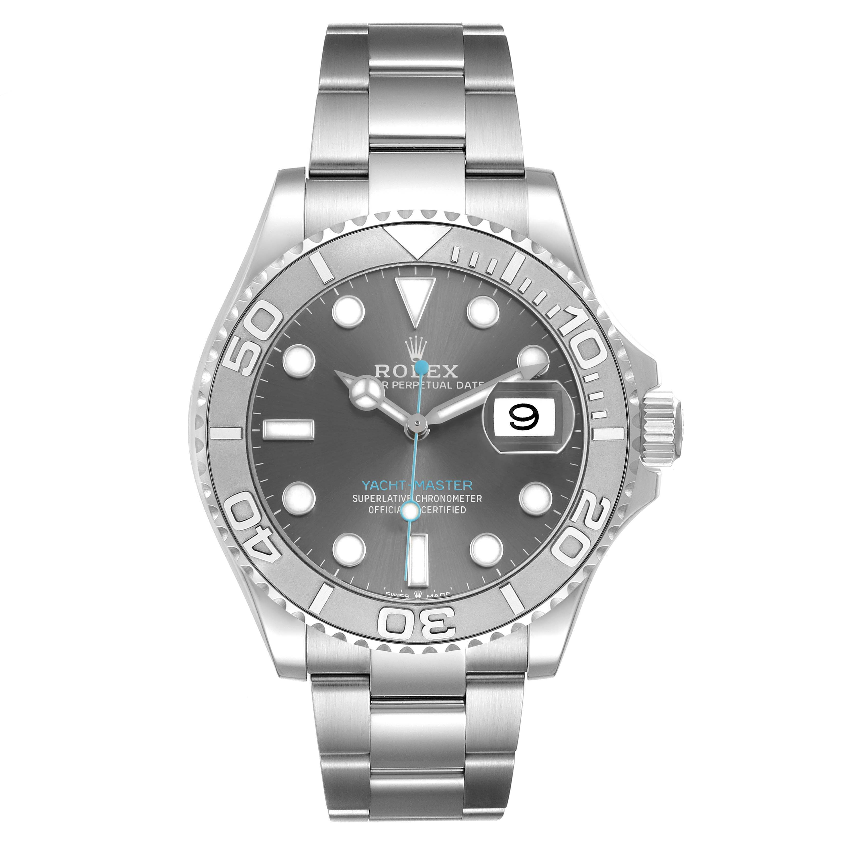 The Rolex Yacht-Master 126622 Men's Stainless Steel Grey Dial watch is shown from the front, displaying the dial, bezel, and full bracelet.