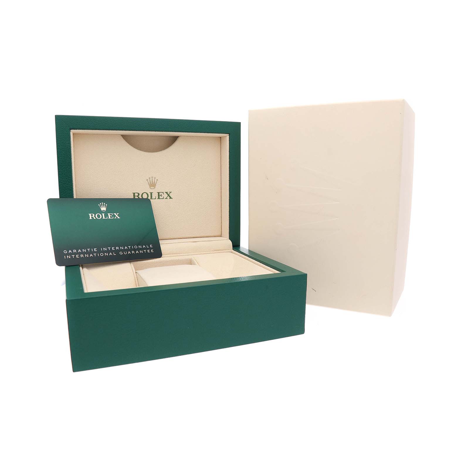 This image shows the open box and guarantee card for a Rolex Yacht-Master 126622 Men's Stainless Steel Grey Dial watch.
