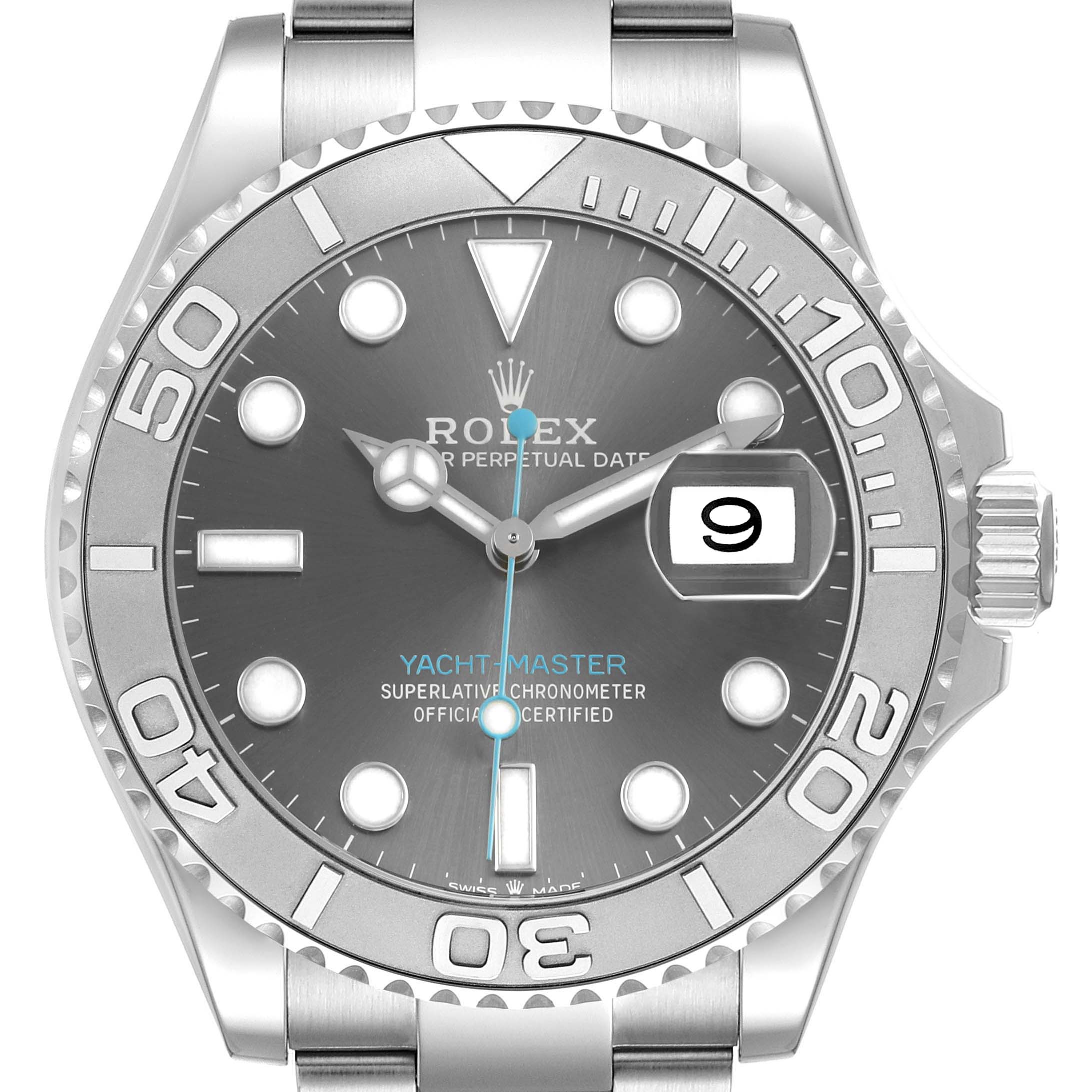 The Rolex Yacht-Master 126622 Men's Stainless Steel Grey Dial watch is shown from a front angle, displaying the dial, bezel, and part of the bracelet.
