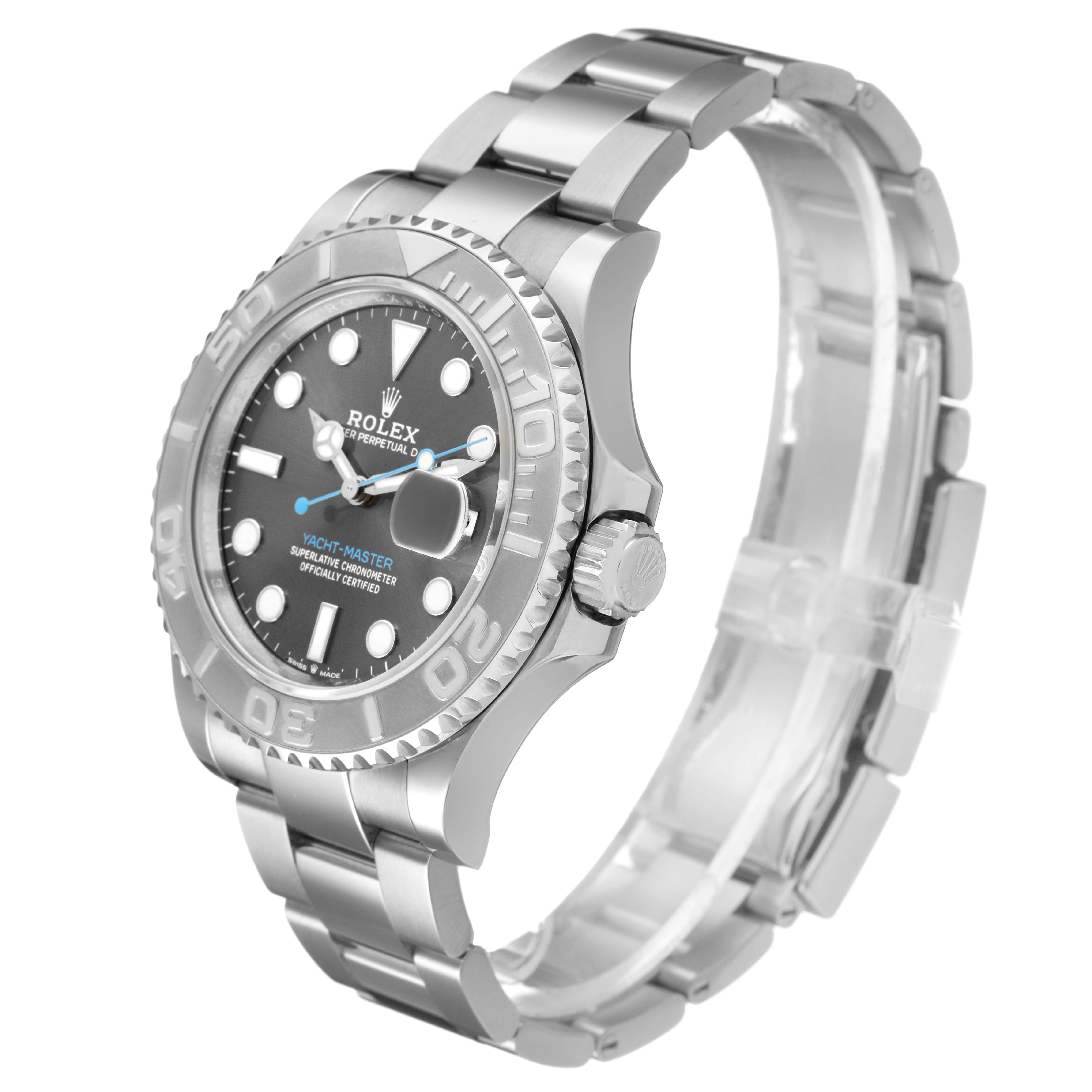 The Rolex Yacht-Master 126622 Men's Stainless Steel Grey Dial watch is shown from a right-front angle, highlighting the face, bezel, crown, and bracelet.