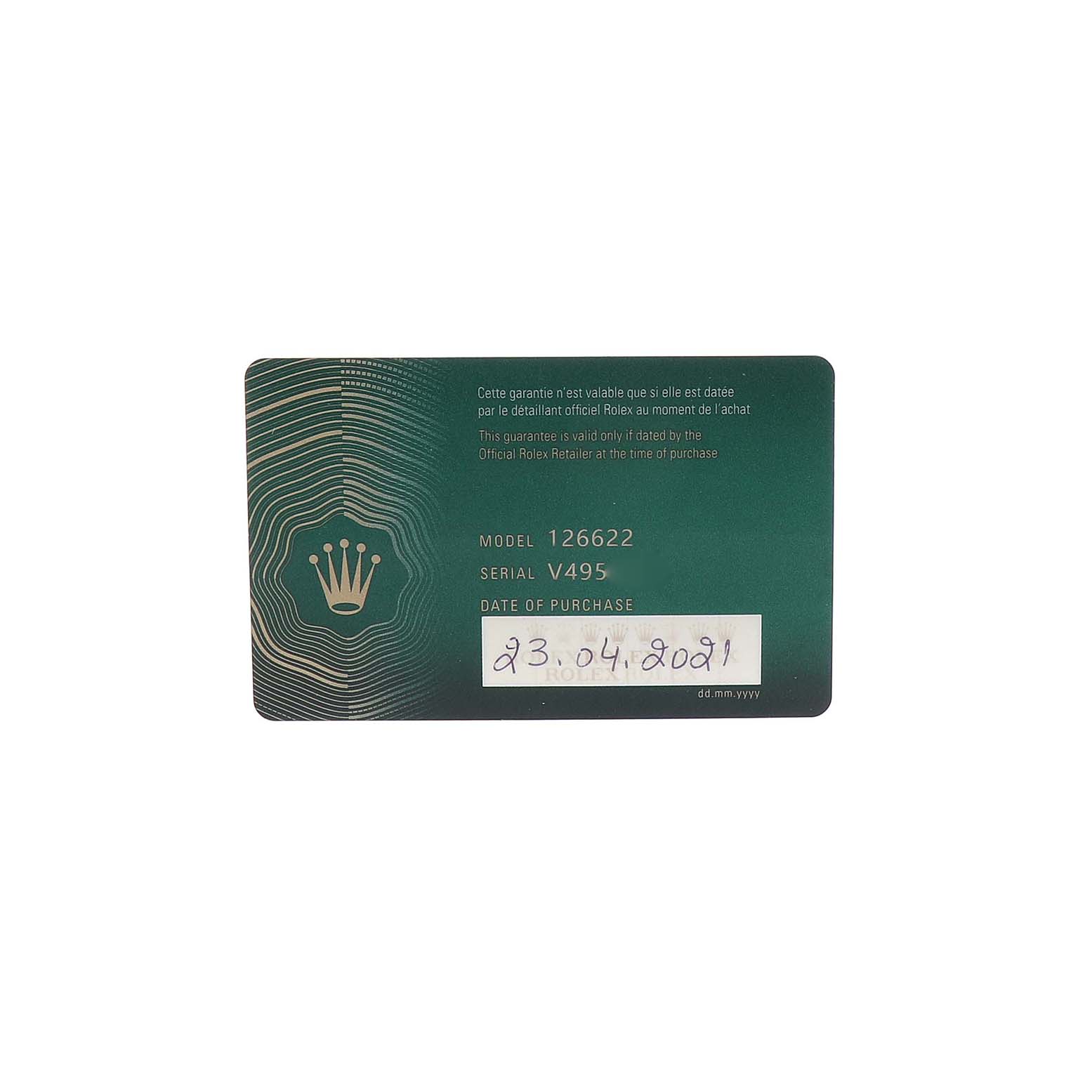 The image shows a flat-lay of a warranty card for a Rolex Yacht-Master 126622 Men's Stainless Steel Grey Dial watch, displaying model and serial numbers.