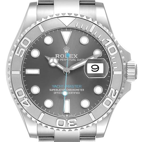 The Rolex Yacht-Master 126622 Men's Stainless Steel Grey Dial watch is shown from a front angle, highlighting the dial, bezel, and part of the bracelet.